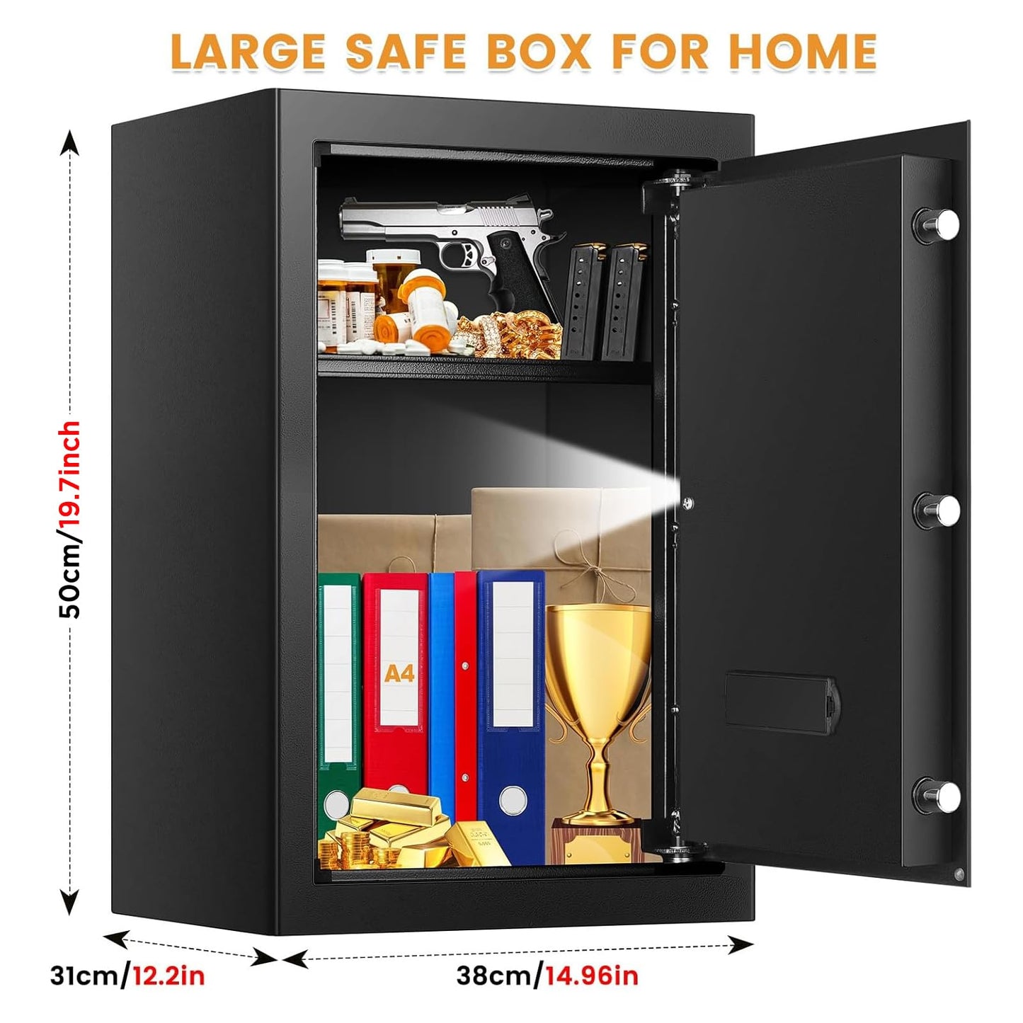3.0 Cub Large Home Safes Fireproof Wterproof, Anti-theft Fireproof Safe with Programmable Keypad, Spare Keys and Alarm Systerm, Digital Home Security Safe Box for Document Money Medicines
