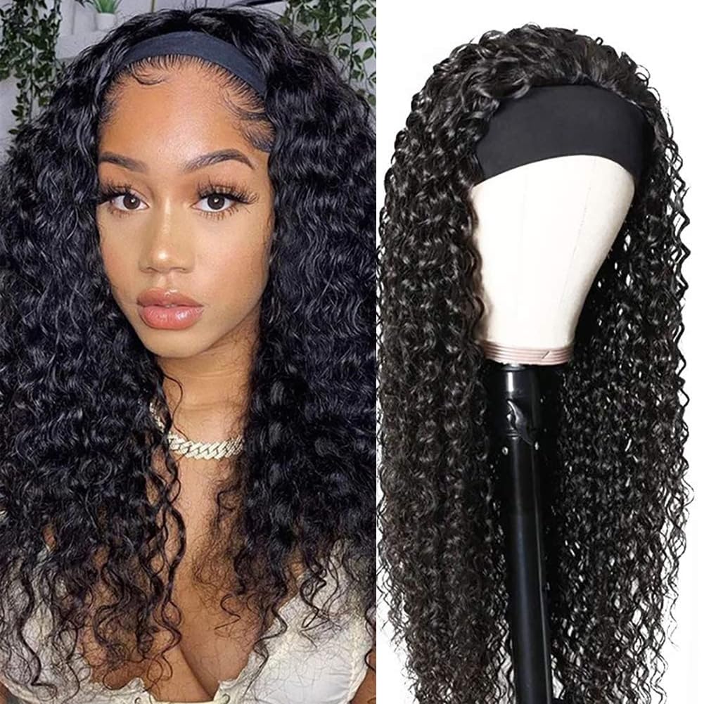 Unvizossa Headband Wig Human Hair Deep Wave 20 Inch Curly Headband Wigs for Black Women Glueless None Lace Front Wig Brazilian Virgin Human Hair Natural Color 150% Density