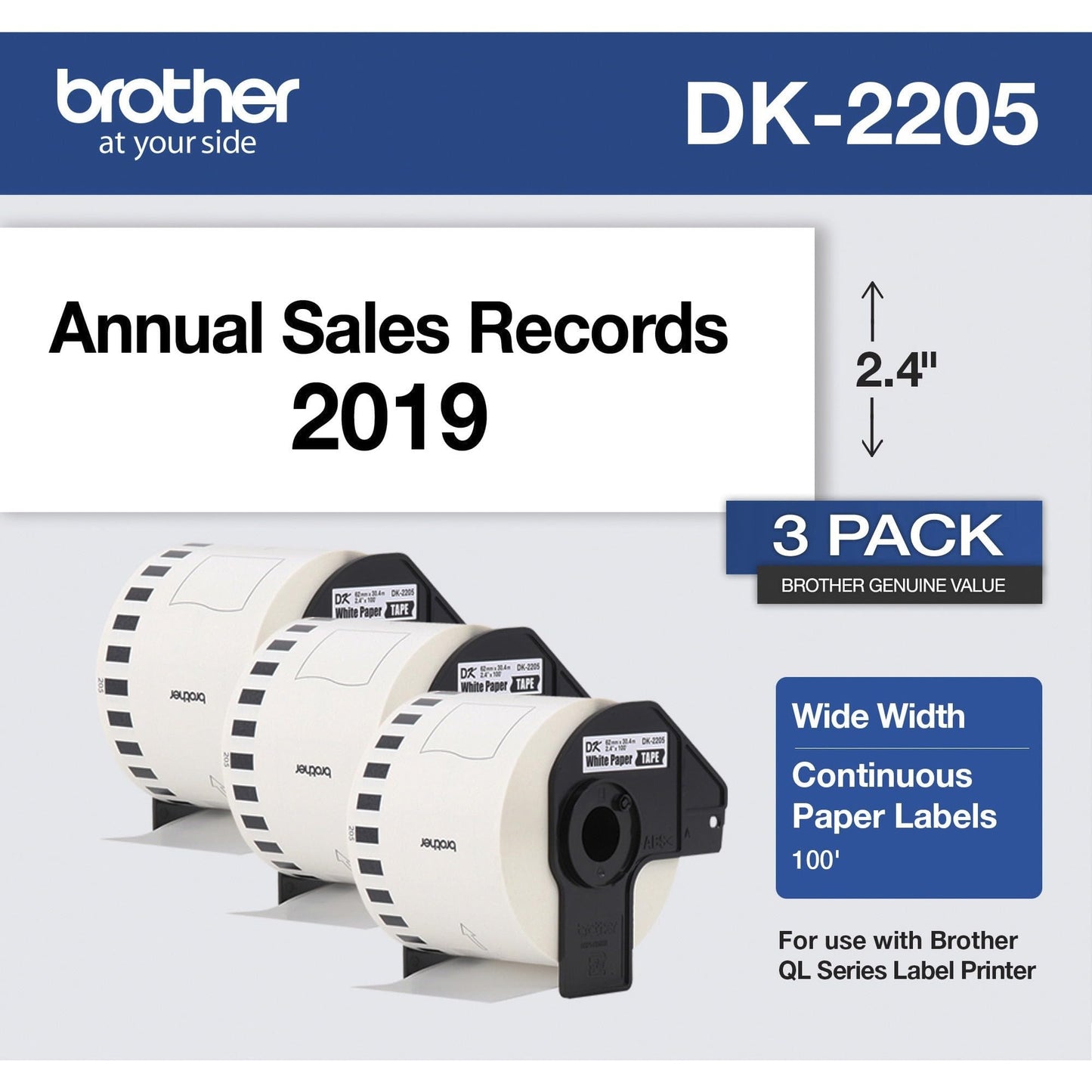Brother Genuine, DK-22053PK Continuous Paper Label Roll, Cut-to-Length Label, 2.4” x 100 Feet, (3) Rolls Per Box, White (DK22053PK)