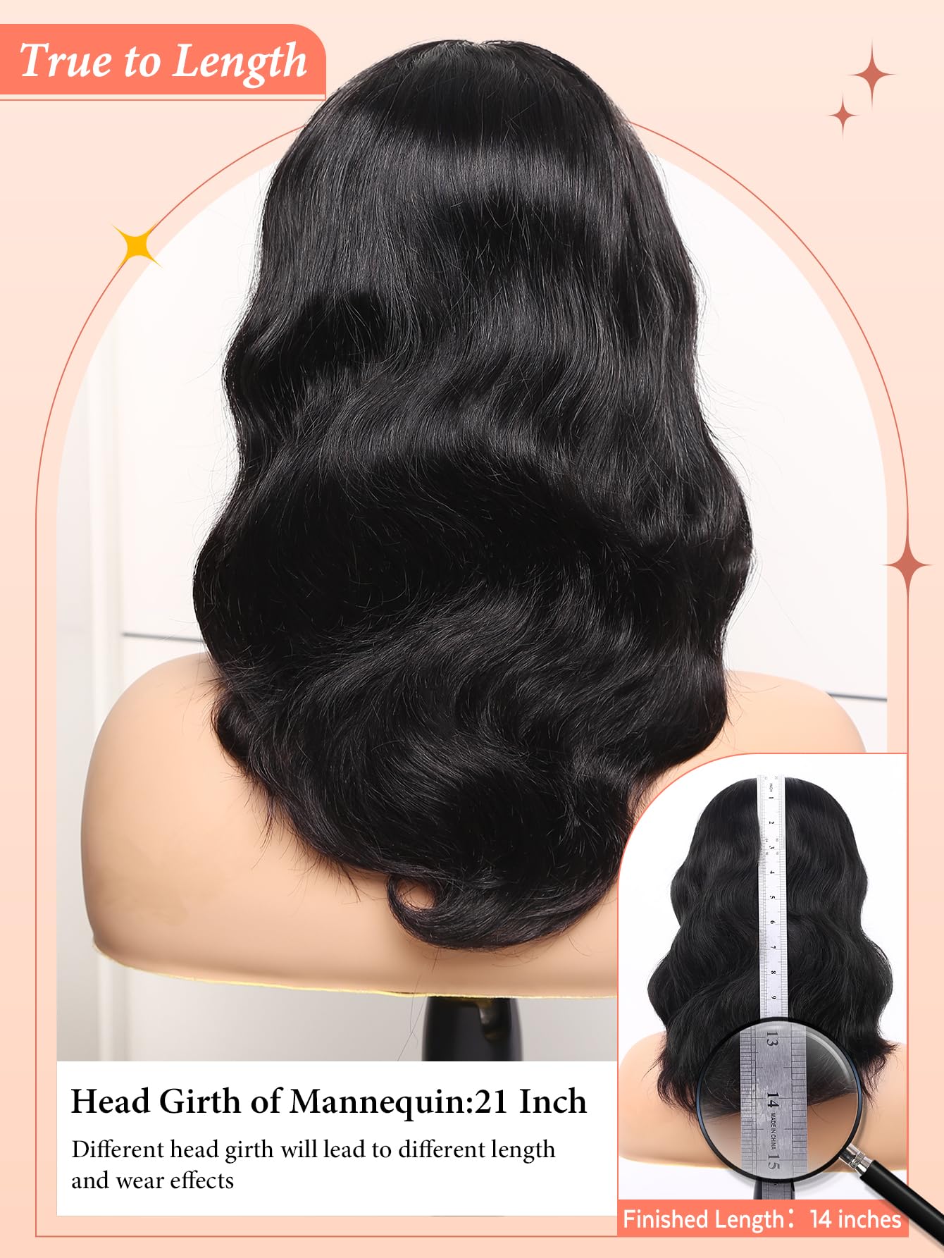 WIGNEE Natural Wave Wigs with Bangs 100% Brazilian Human Hair Fashion Wave Wigs Natural Black (14 Inch)
