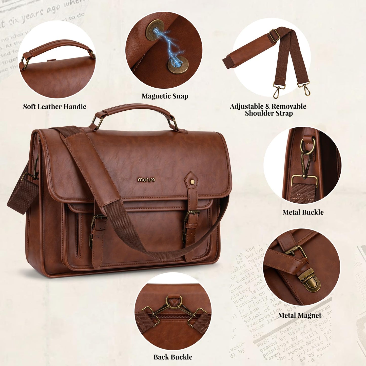 MOSISO 3 in 1 Laptop Bag, 15.6 inch PU Leather Shoulder Bag Briefcase Messenger Satchel Laptop Backpack, 15-16 inch Computer Bags Handbag Bookbag, Brown