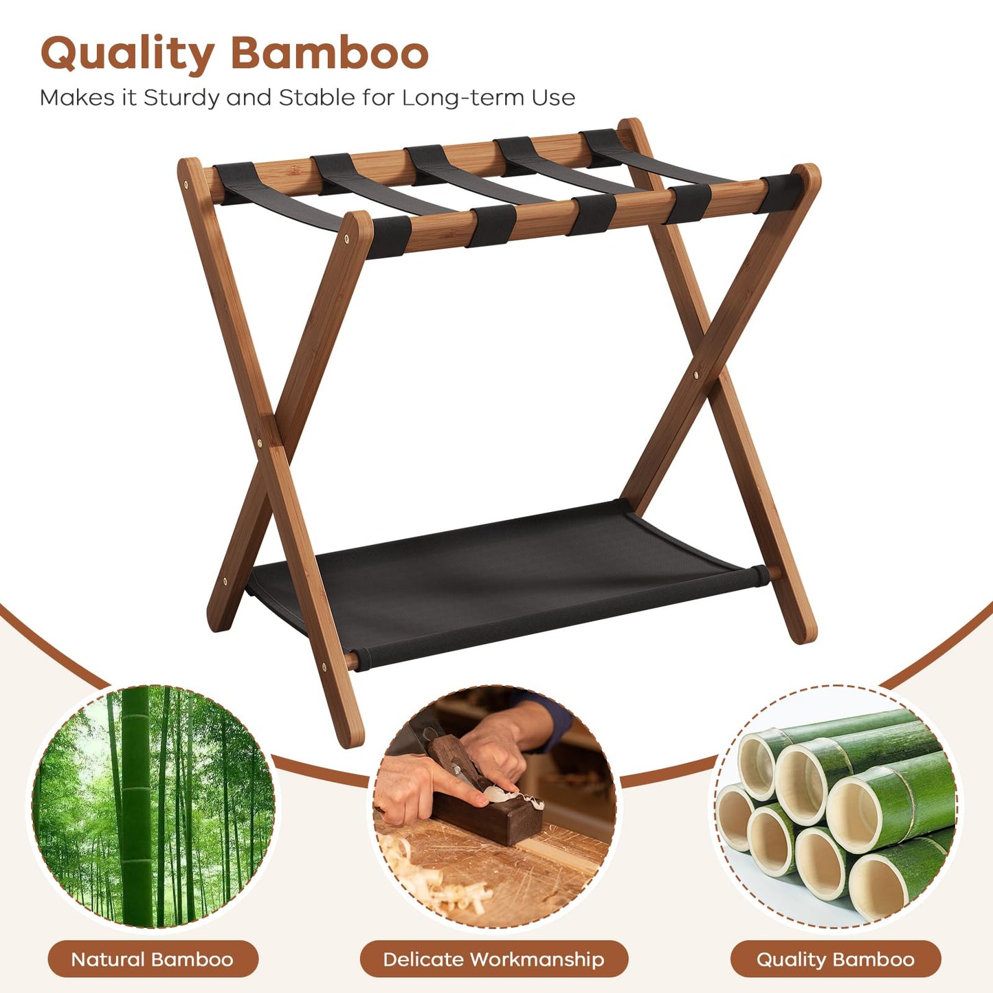 Fully Assembled Luggage Rack, Walnut Luggage Rack for Guest Room, Bamboo Folding Suitcase Stand with Storage Shelf, 5 Nylon Straps, Luggage Holder for Bedroom Hotel, 26.77"W x 16.93"D x 22.5"H, 1 Pack