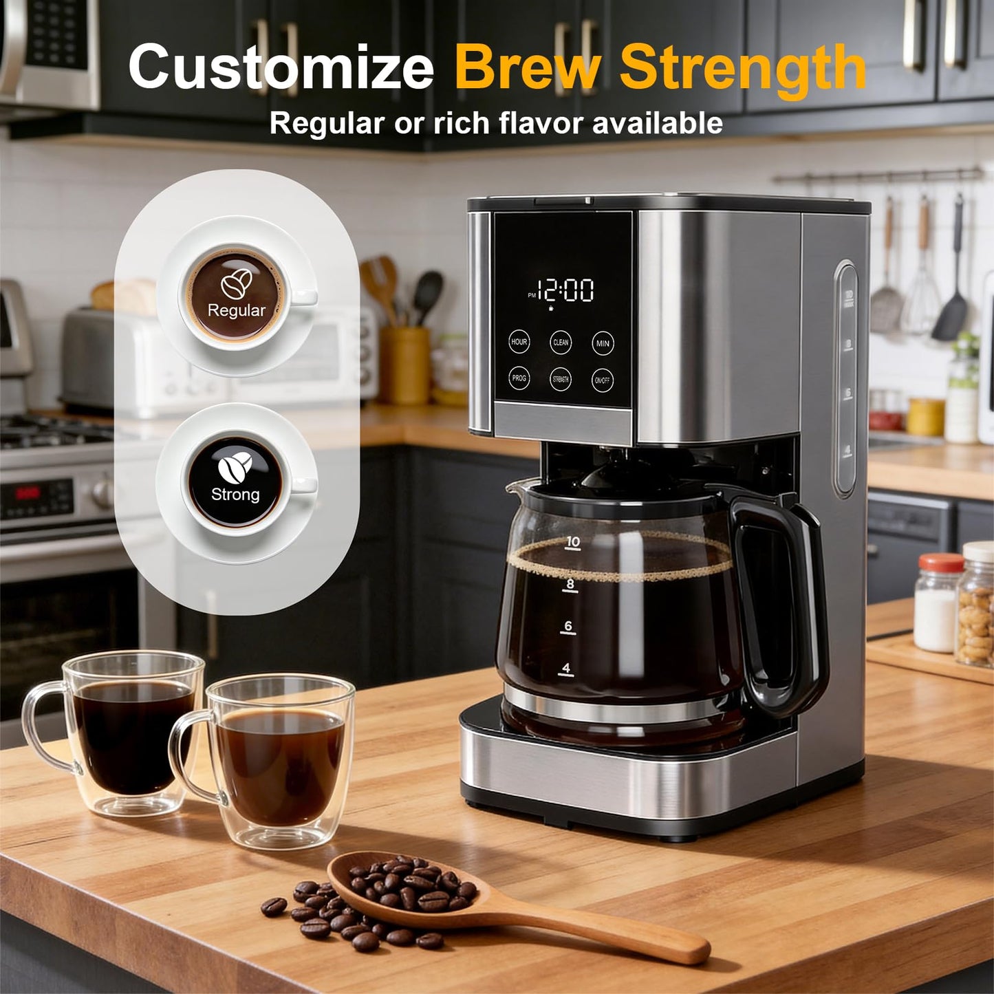 10 Cup Programmable Drip Coffee Maker, Adjustable Brew Strength, Pause & Serve, Heat Resistant Glass Carafe, Permanent Filter, Auto Shut Off, Stainless Steel, Compact Coffee Machine for Home Office