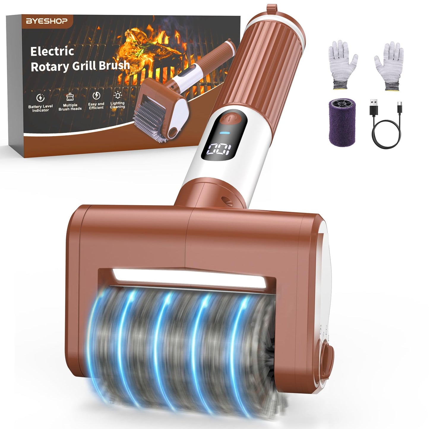 BYESHOP Electric Grill Brush for Outdoor, 2026 BBQ Grill Cleaner with Digital Display, Variable Speed Cordless Grill Brush, Waterproof & Replaceable Heads Grill Cleaning Brush for Barbecue Grates