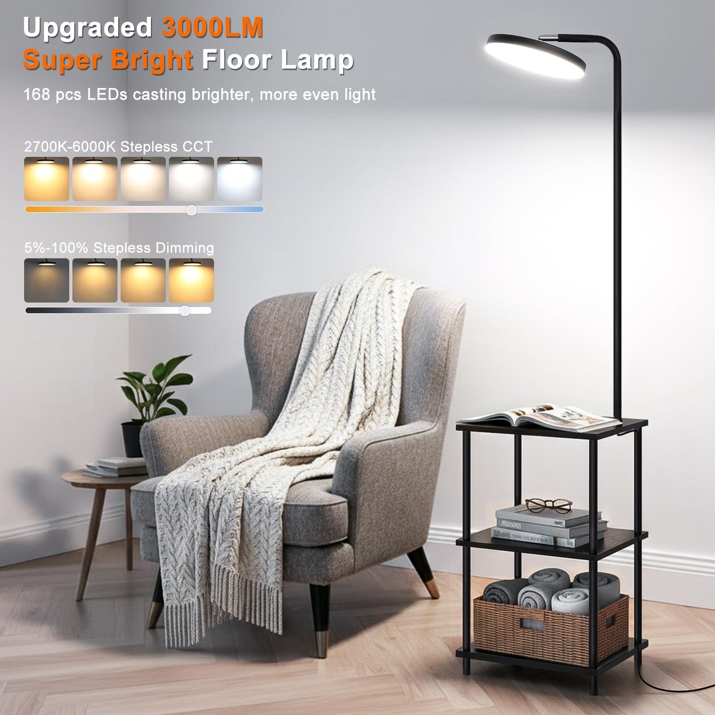 LED Floor Lamp with Table, 25W/3000LM Super Bright Floor Lamp with Remote, End Table with Lamp Attached Stepless Dimmable, Side Tables with Lamp with 350° Rotating Head for Living Room Bedroom Office