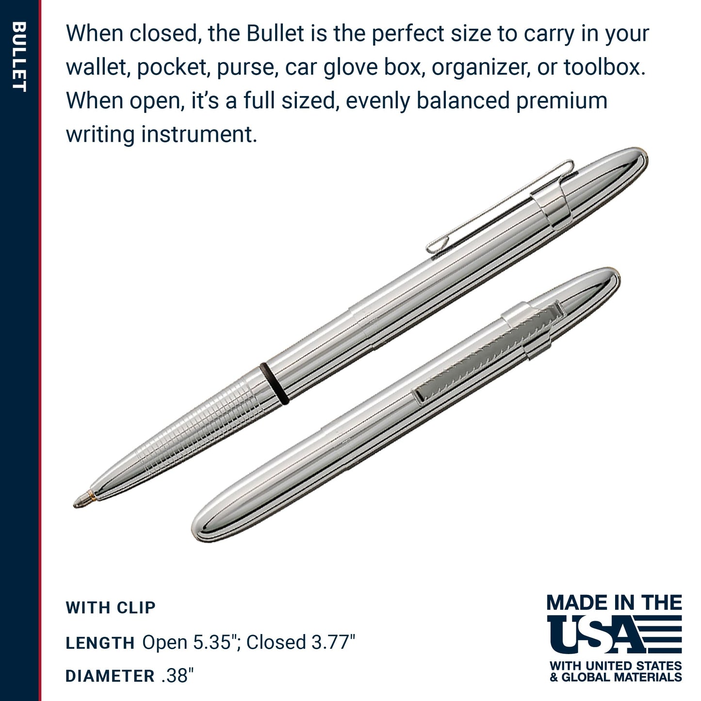 Fisher Space Pen Chrome Bullet Pen, Pressurized Ballpoint Pen, Compact Pocket Size, Writes Upside Down and in Extreme Temperatures, Smooth Black Ink, Medium Point, Pocket Clip, Made in the USA
