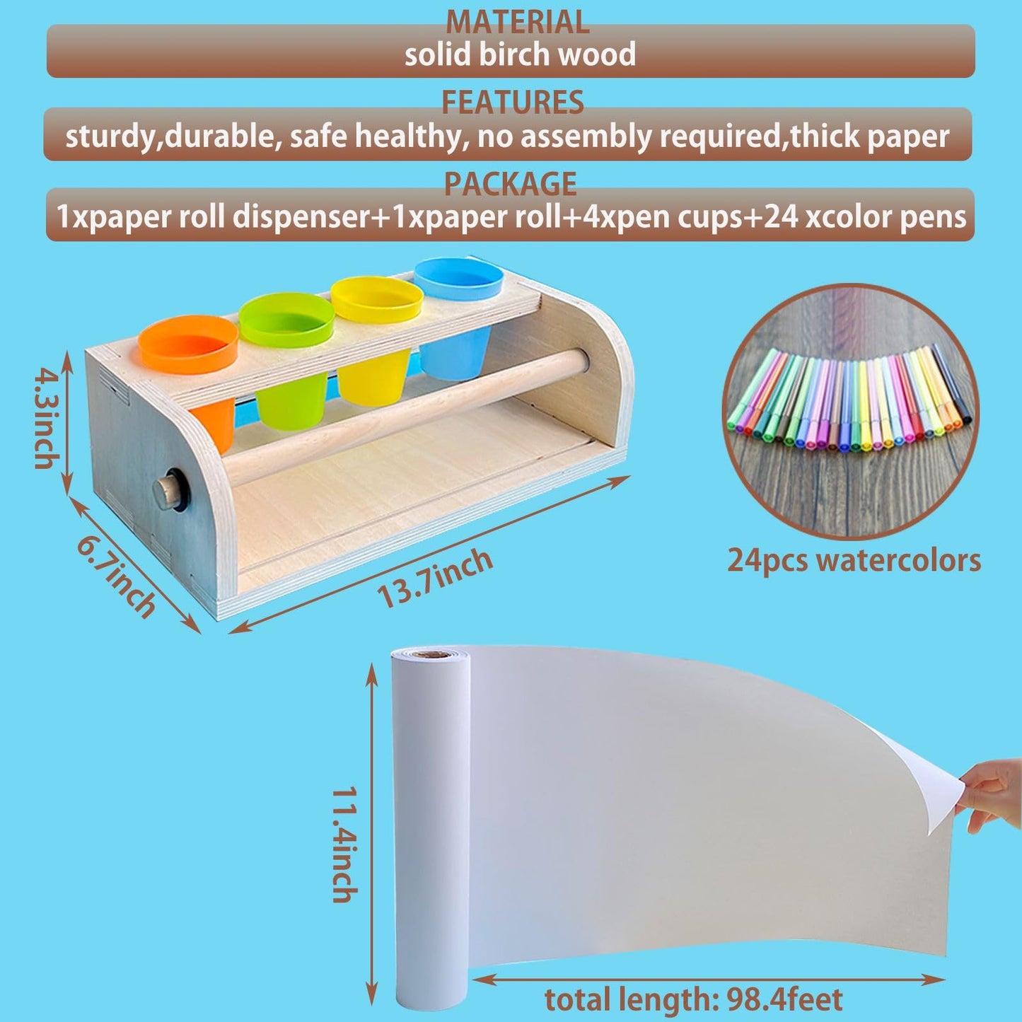 XDONEF Wooden Tabletop Paper Roll Dispenser with Roll 11.4inx98.4ft and Pencil Cups Craft Art Paper Roll Holder for Kids Desktop Easel for Drawing Painting Home Classroom