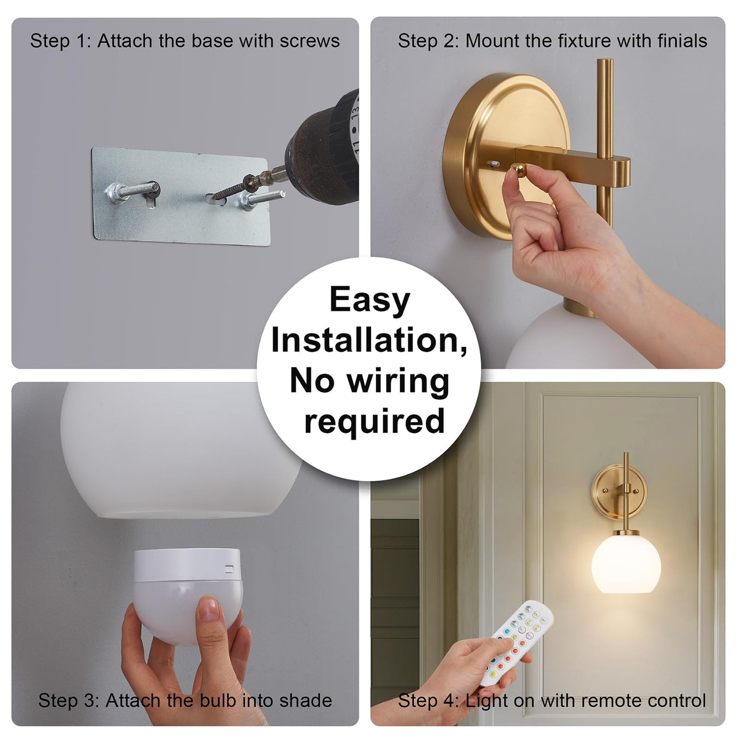 Gold Battery Operated Wall Sconce Set of 2, Wireless Rechargeable Sconces Wall Lighting with Remote Control, LED Dimmable Wall Lights with Opal White Glass Shade, 12 Colors RGB & 3 CCT Bulb