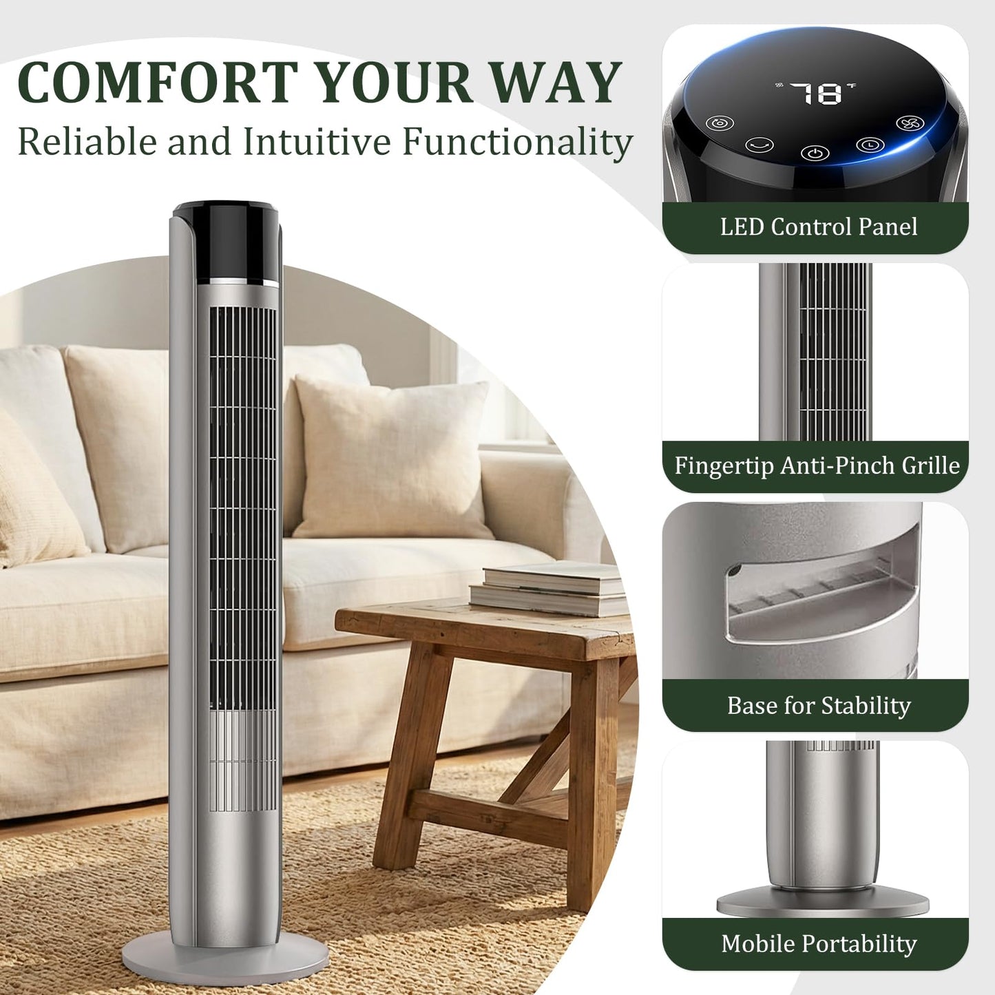 Tower Fan for Bedroom, Bladeless Cooling Fan with Remote, 60° Oscillating Standing Fan with 28dB Quiet for Sleep, 12H Timer, 5 Speeds 4 Modes, LED Display, 20ft/s Velocity Floor Fan for Indoor Use