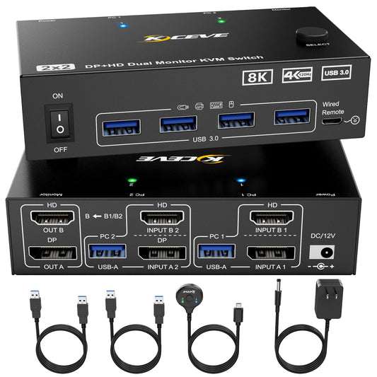 8K KVM Switch 2 Monitors 2 Computers Displayport HDMI, Dual Monitor USB 3.0 DP KVM Switcher Supports 8K@60Hz for 2 Computers Share Keyboard, Mouse and Monitor