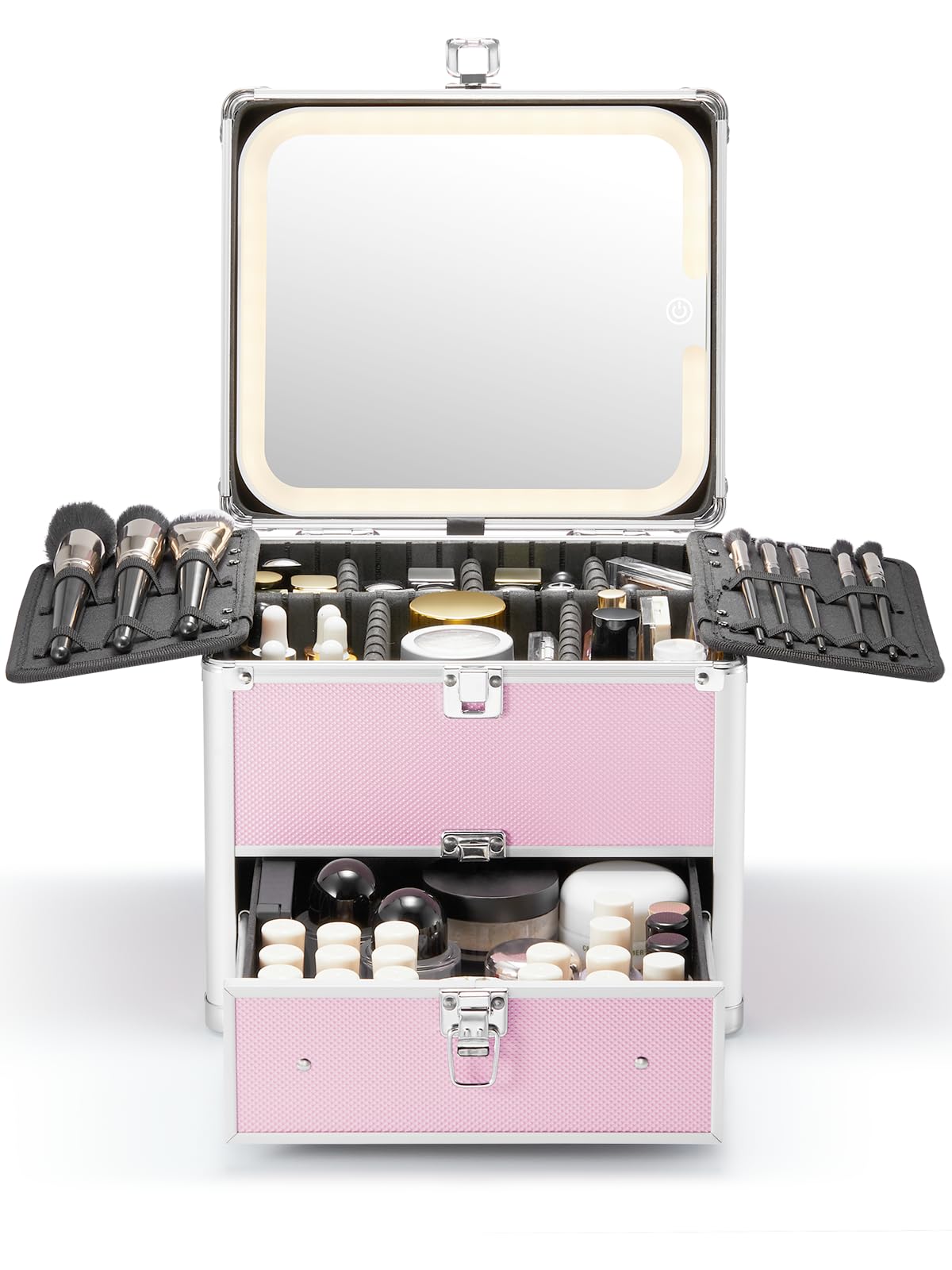 Qislee Makeup Box with Drawer and A Detachable Lighted Mirror, Waterproof Travel Train Case, Cosmetic Organizer and Makeup Suitcase with Adjustable Dividers, Magnetic LED Mirror (ICY Pink)
