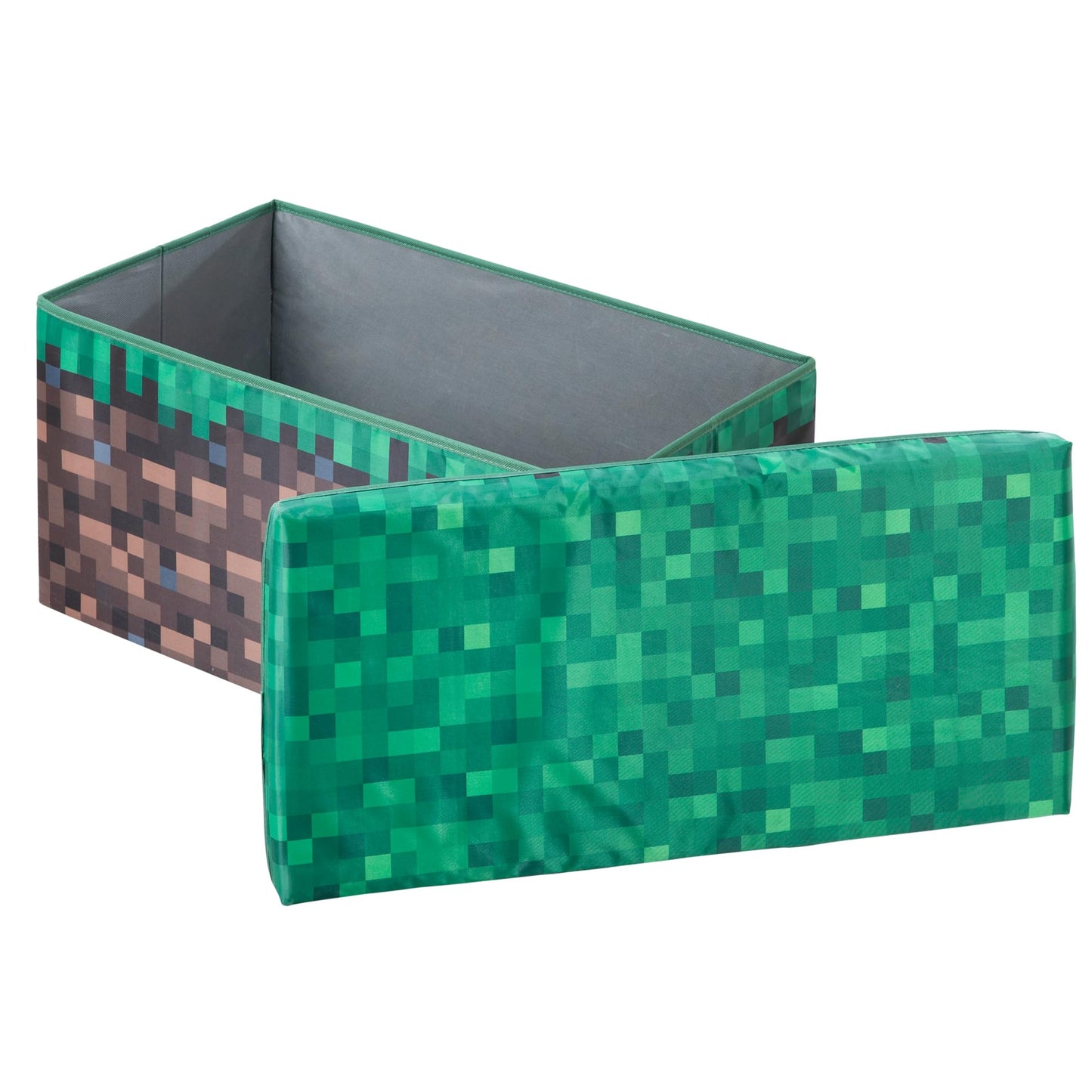Minecraft: Bench Storage Box - Large - Pixel Grass Block, Collapsible Toy Storage w/Lid, Footrest, 11.8 x 23.6 x 11.8, Game Theme Decor, Licensed