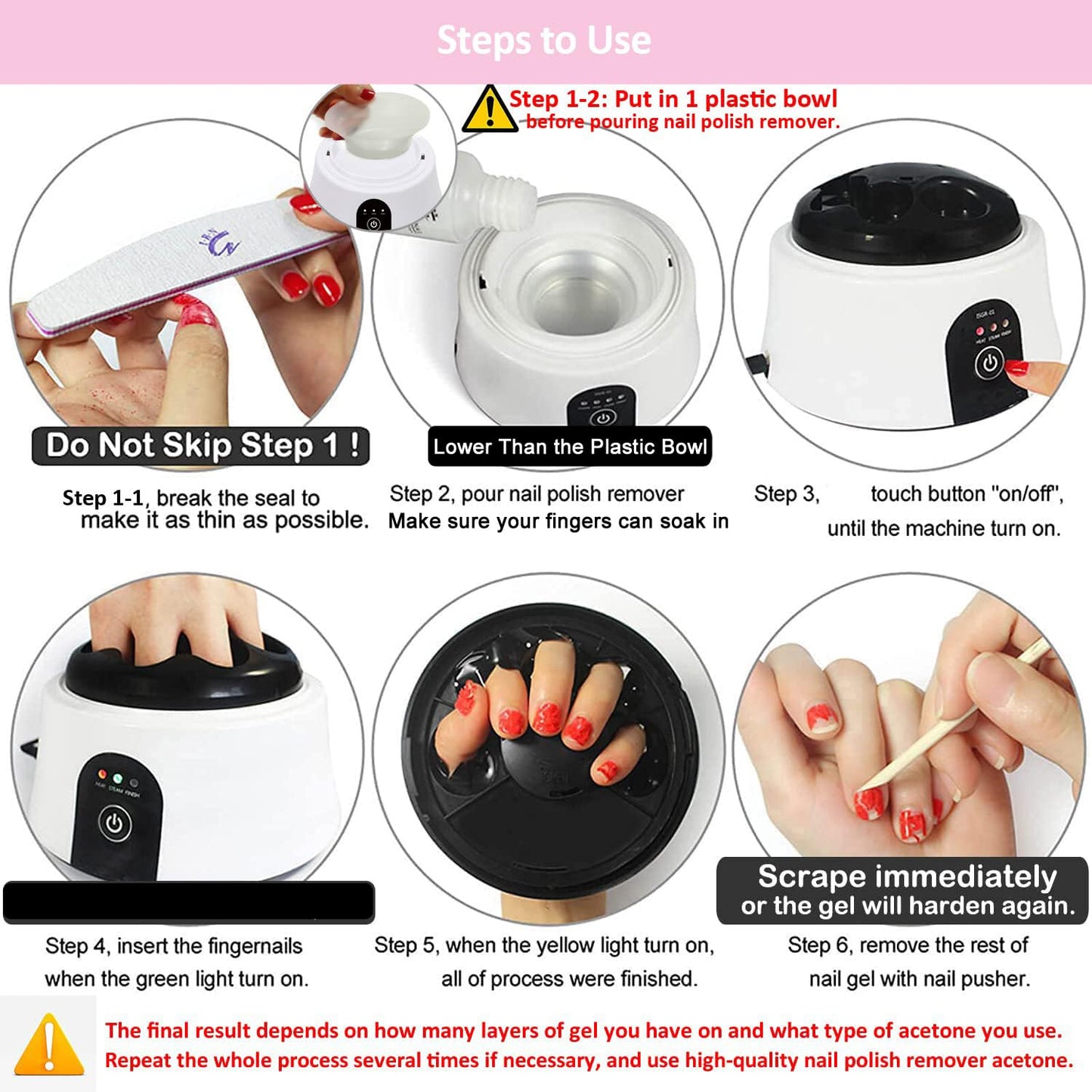 Steam Nail Polish Remover Machine Gel Nail Steamer, Remove Gel Polish Safely without Damaging Nail Bed, Pink