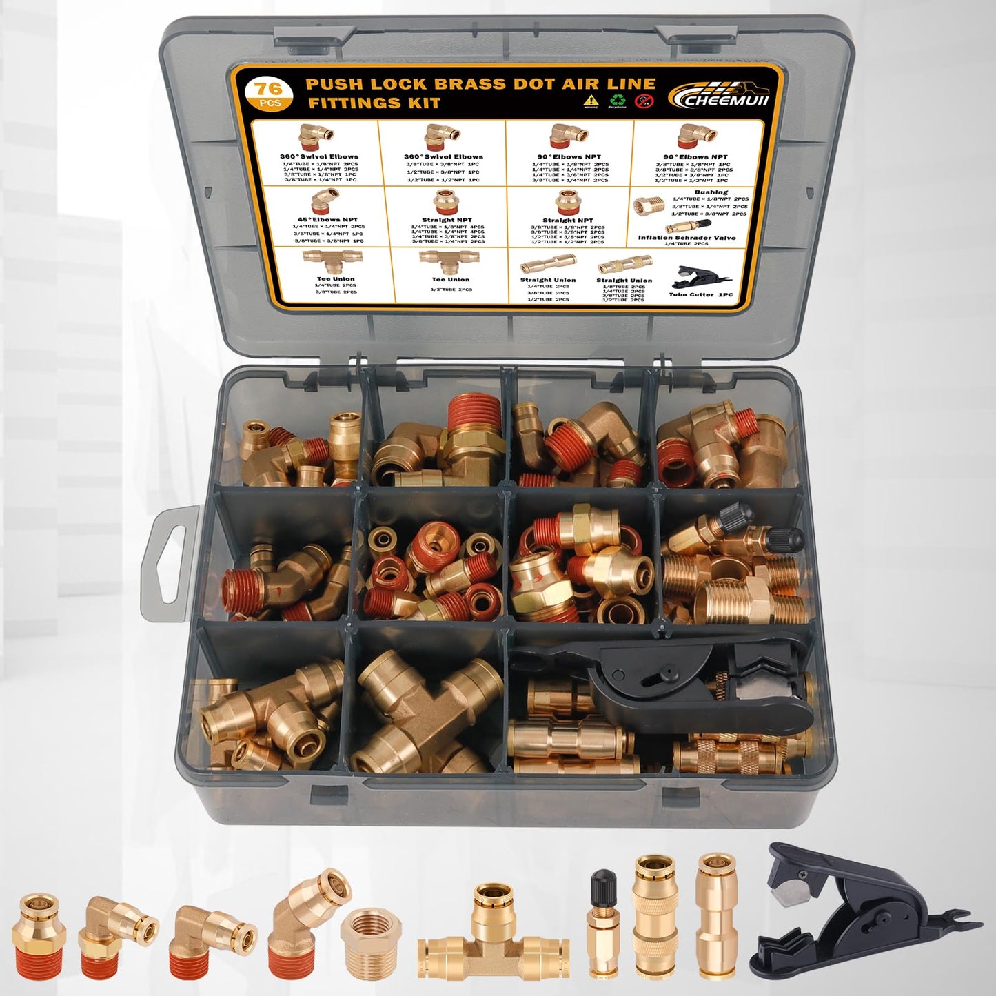 CheeMuii 76 Pcs Brass DOT Air Line Fittings Kit Push Lock Air Fittings Push to Connect Fittings NPT Thread & Quick Connect Air Hose Fittings for DOT Air Line Air Hose Pneumatic Tubing