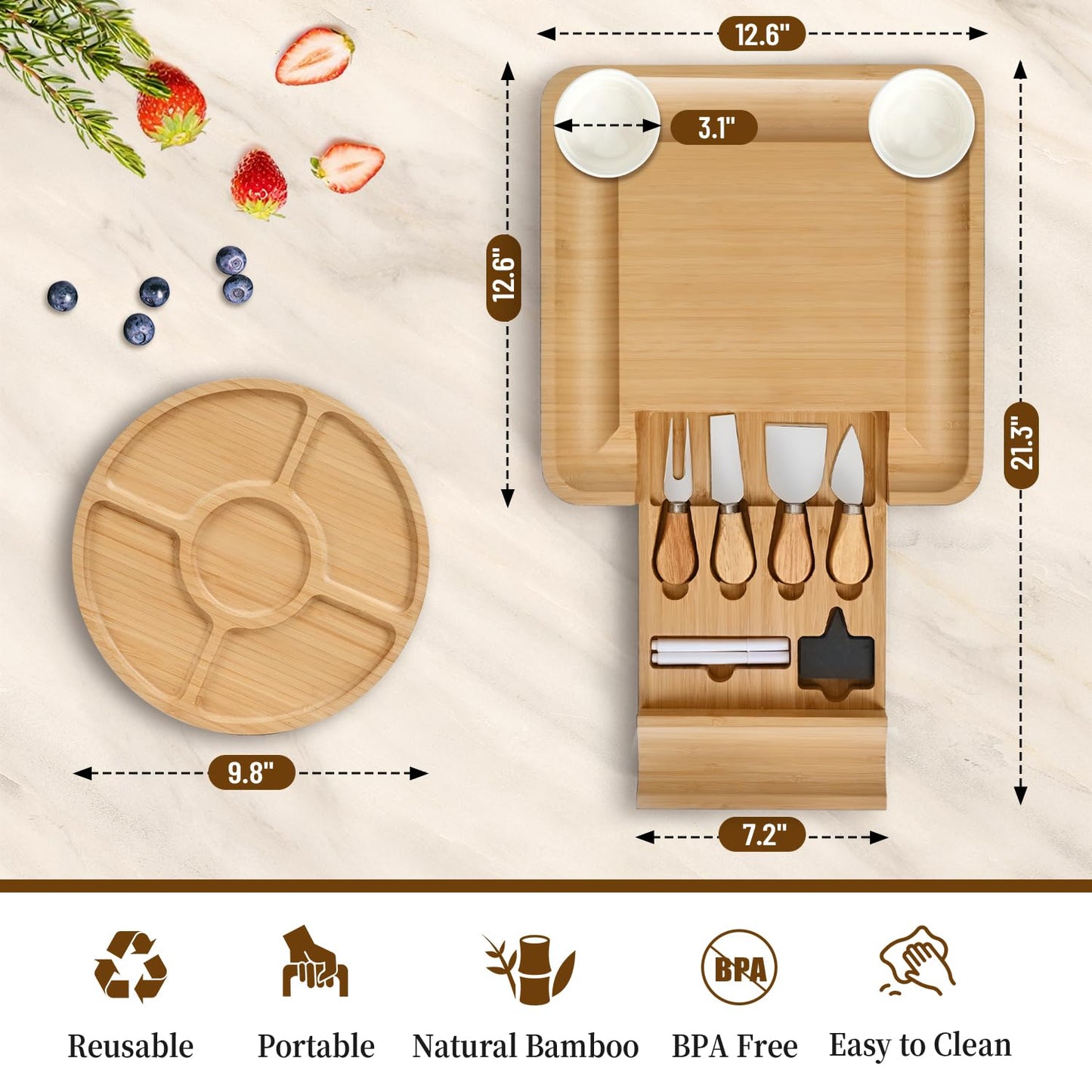 Premium Charcuterie Board with Lid – Bamboo Cheese Board Set with Utensils, Drawer & Fruit Tray – House Warming Gifts New Home, Wedding, Birthday, Bridal Shower (Cream)