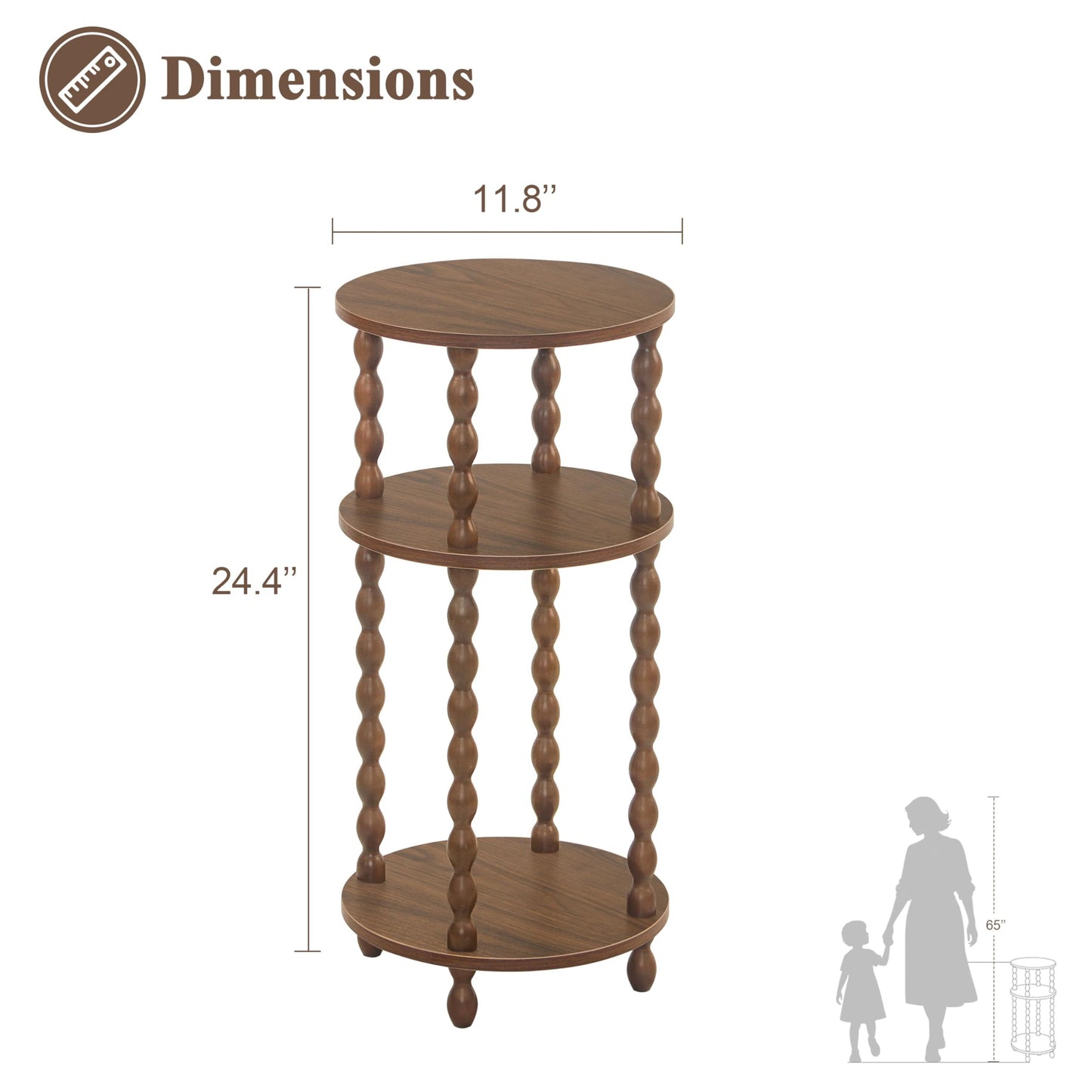 AWASEN Small Round End Table, Round Side Table with 3-Tier Open Shelf for Small Spaces, Wood Accent Table Nightstand for Bedroom, Living Room, Office, Walnut Brown
