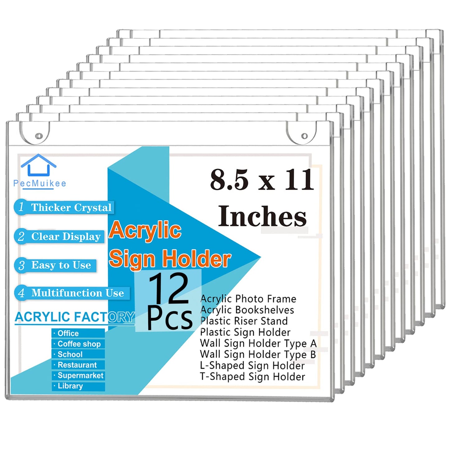 PecMuikee Acrylic Sign Holder 8.5x11 Horizontal, Wall Mount Acrylic Sign Holder and Plastic Paper Display Ad Frame bonus with 3M Tape and Mounting Screws for Restaurants, Office, Store, 12 Pcs