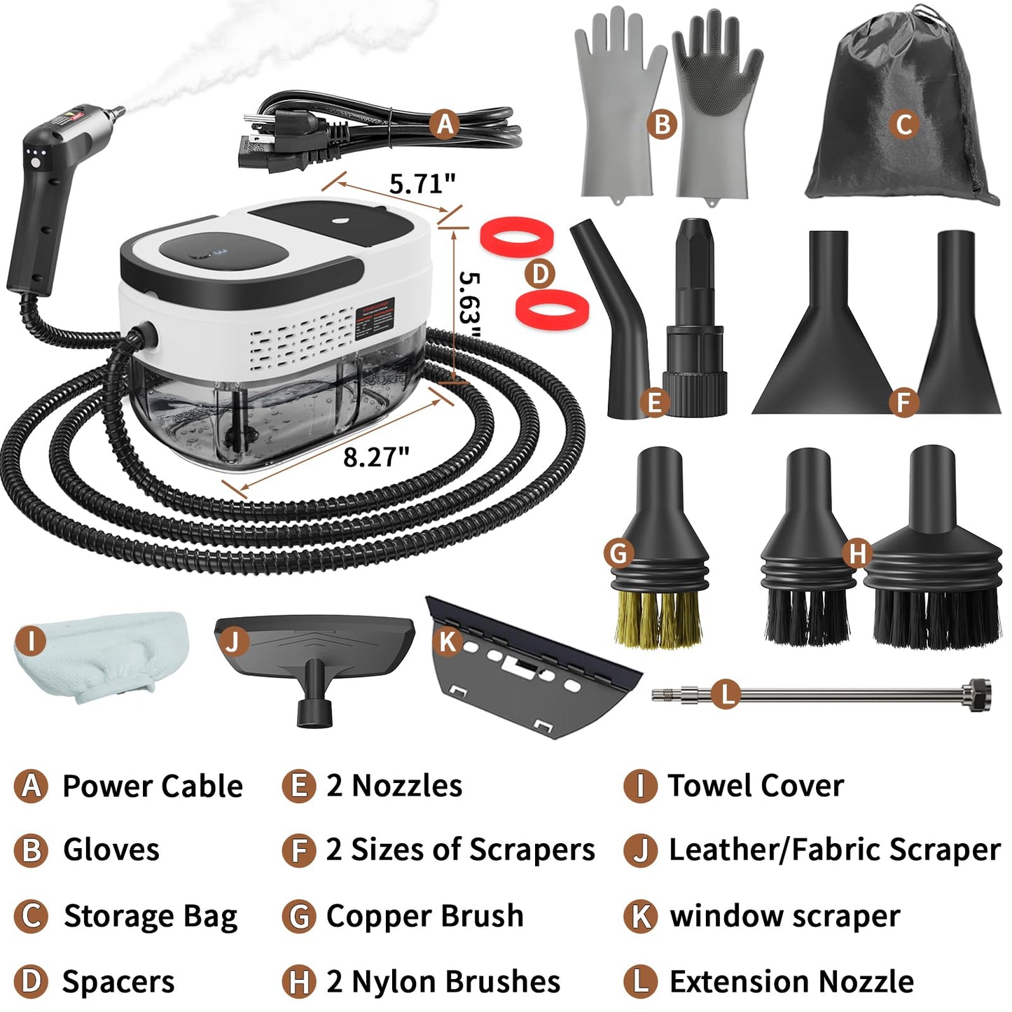 Handheld Steam Cleaner for Home, 2500W High Temperature Pressurized Machine, 1.6L Water Tank, Handle-controlled Steam Output, Portable Cleaning Steamer for Car, Bed Bugs, Furniture, Grout (White)