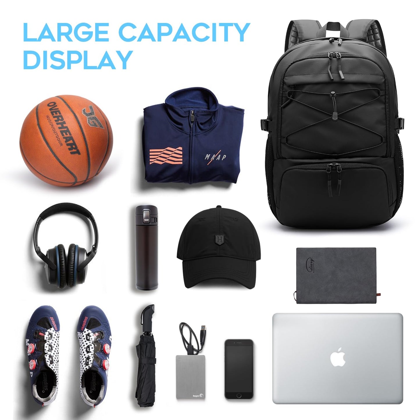 FUTURE AESTHEICS Basketball Backpack Large Sport Bag for Men，Waterproof Backpack with Separate Ball Holder Shoes Compartment，Sports Equipment Bag for Basketball，Volleyball，Soccer，Gym，Outdoor