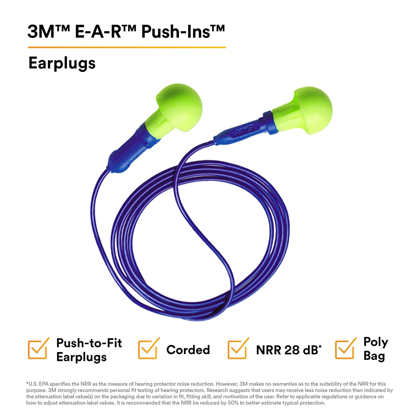 3M E-A-R Push-Ins Earplugs 318-1001, Corded, Poly Bag 100-Pair