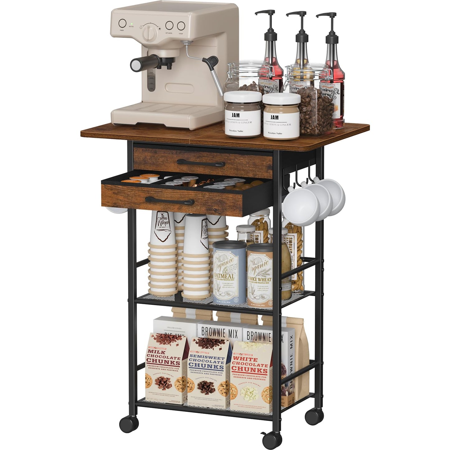 Snughome 5 Tier Rolling Coffee Cart with 2 Large Drawers & Removable Dividers, Extra-Wide Coffee Bar Cart with Storage, Farmhouse Coffee Station Cabinet for Living Room, Kitchen, Office
