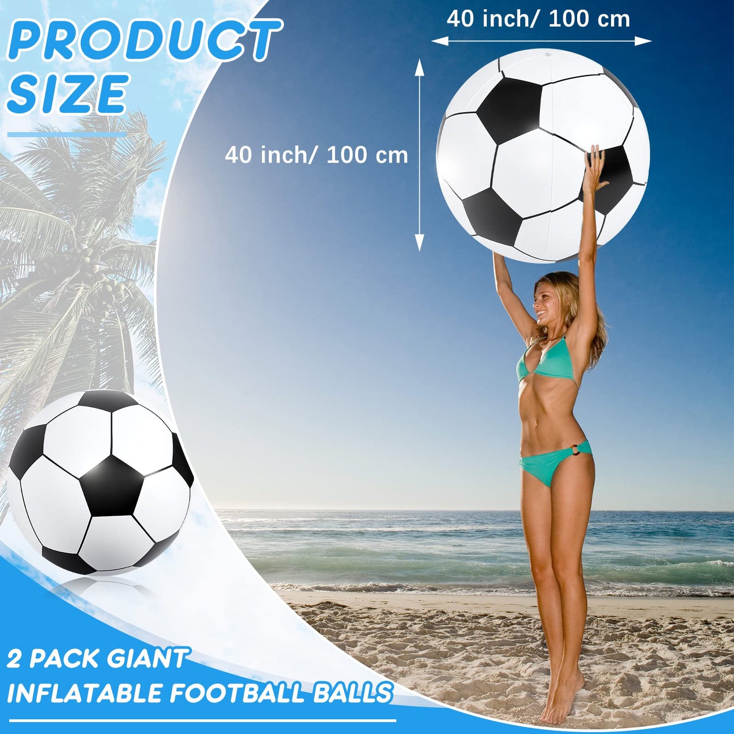 Lewtemi 2 Pcs 40 Inch Giant Inflatable Soccer Ball Large Huge Beach Balloons Football Sport Birthday Party Decoration Favor St. Patrick Kid Gift Pool Toys for Outdoor Activity Games(Black)