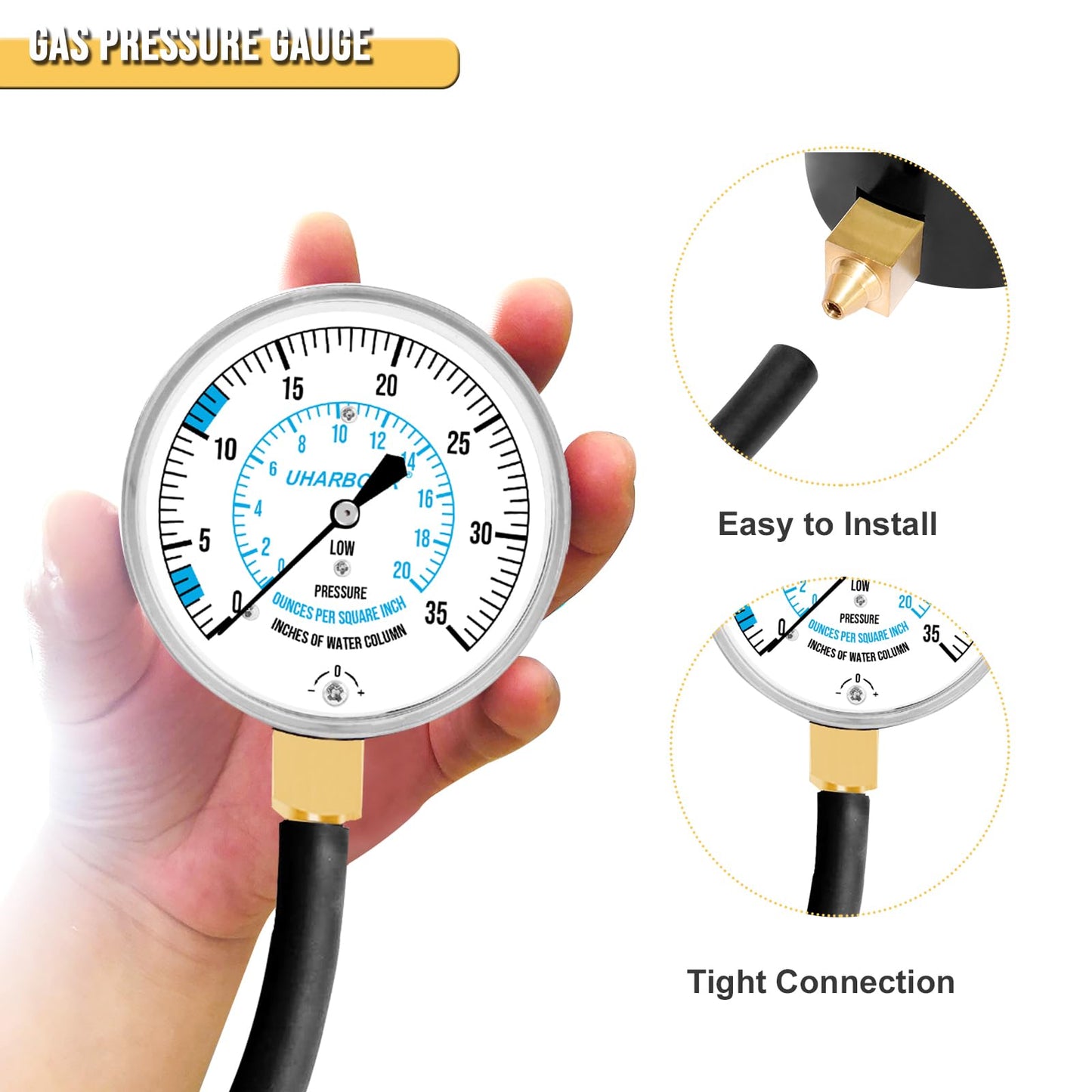 UHARBOUR Manometer Gas Pressure Tester, Manometer LP Gas Pressure Tester Gauge 0-35" W.C, 1/8" NPT Fitting with Barbed Connection, 40" Hose