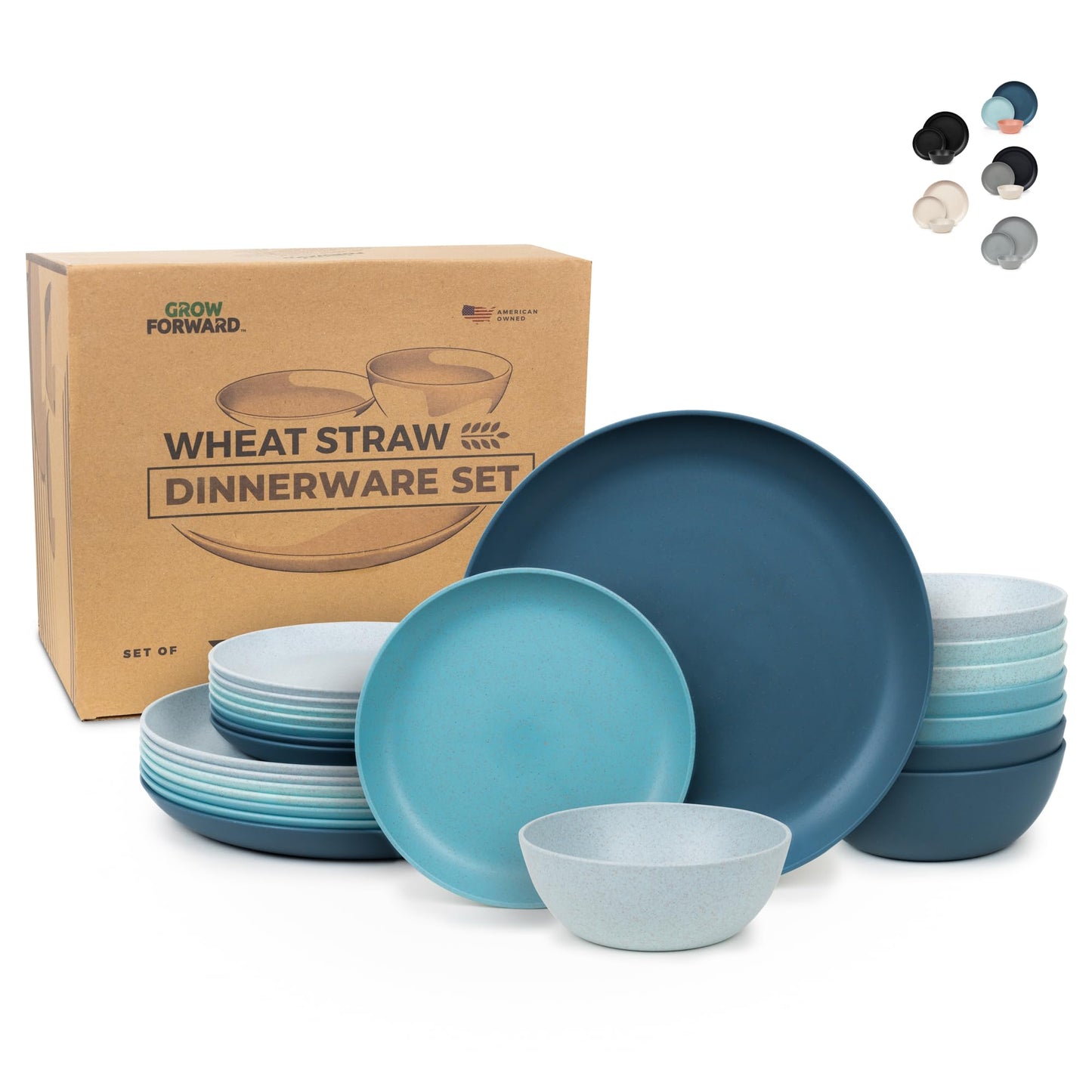 Grow Forward 24-piece Premium Wheat Straw Dinnerware Sets for 8 - Unbreakable Dishwasher & Microwave Safe Plastic Plates and Bowls Sets - Patio, Outdoors, RV, Camping Dishes - Seascape