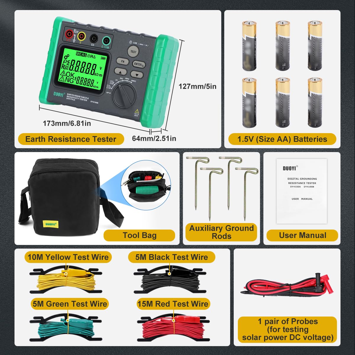 DUOYI Earth Resistance Tester 0.03-2000 ohm Meter,Upgraded Digital Earth Ground Resistance Tester 2/3 Wire Measurement AC/DC Voltage Meter with Batteries,Tool Bag