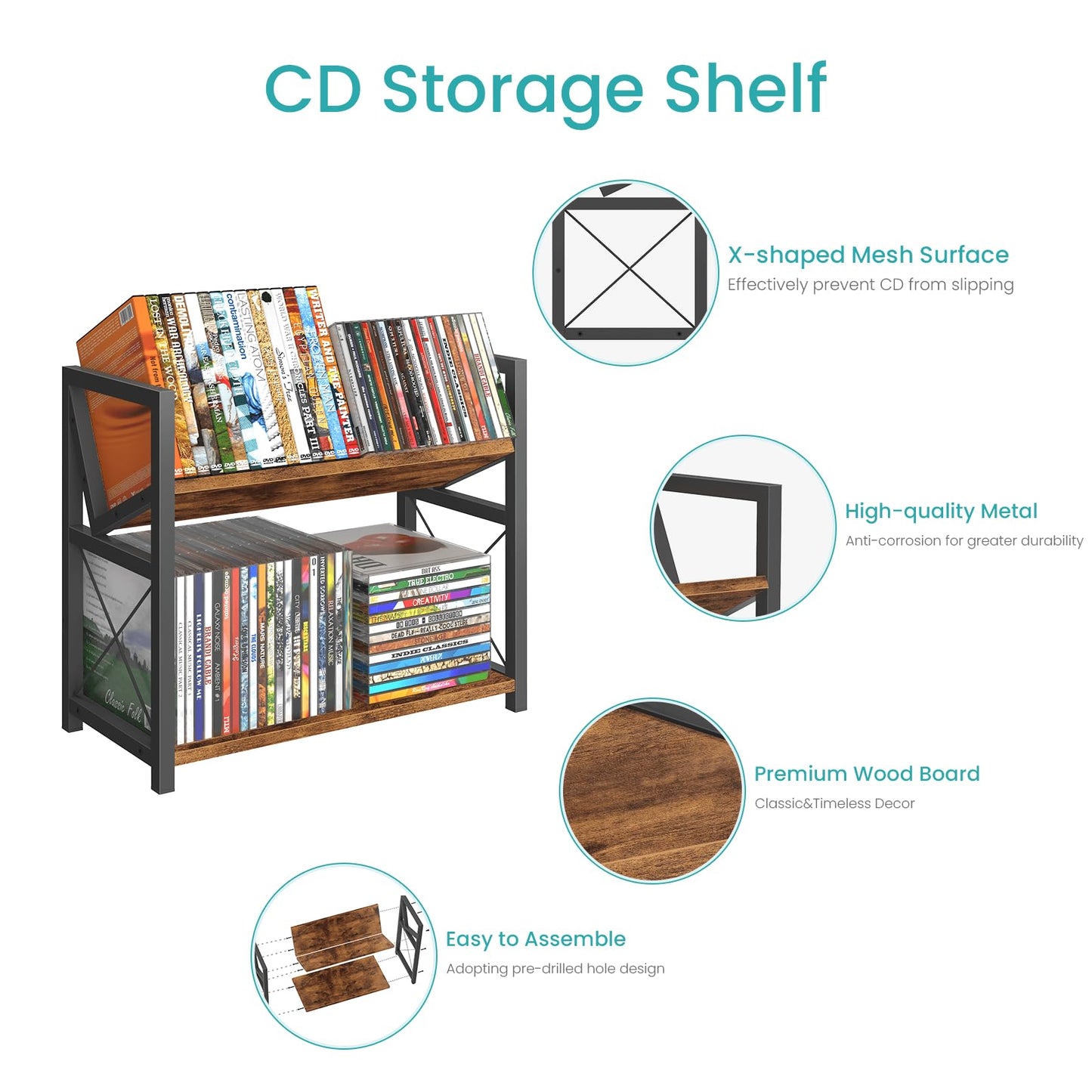 ELITEROO 2-Tier CD Holder, Wooden DVD Storage Rack for Display, Tilting CD Shelf Holds Up to Standard CDs 80 Cases or DVDs 56 cases, Retro Desk DVD Organizer Tower for Music Enthusiasts, Rustic Brown