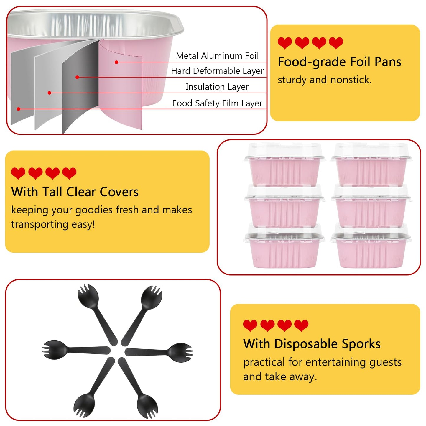 LNYZQUS 120pack/10oz Mini Cake Foil Pans with Lids, 4”x4” Large Cupcake Pan Disposable Ramekins,Small Brownie Baking Cups Square Muffin Tin Cheesecake Containers Holders-Pink