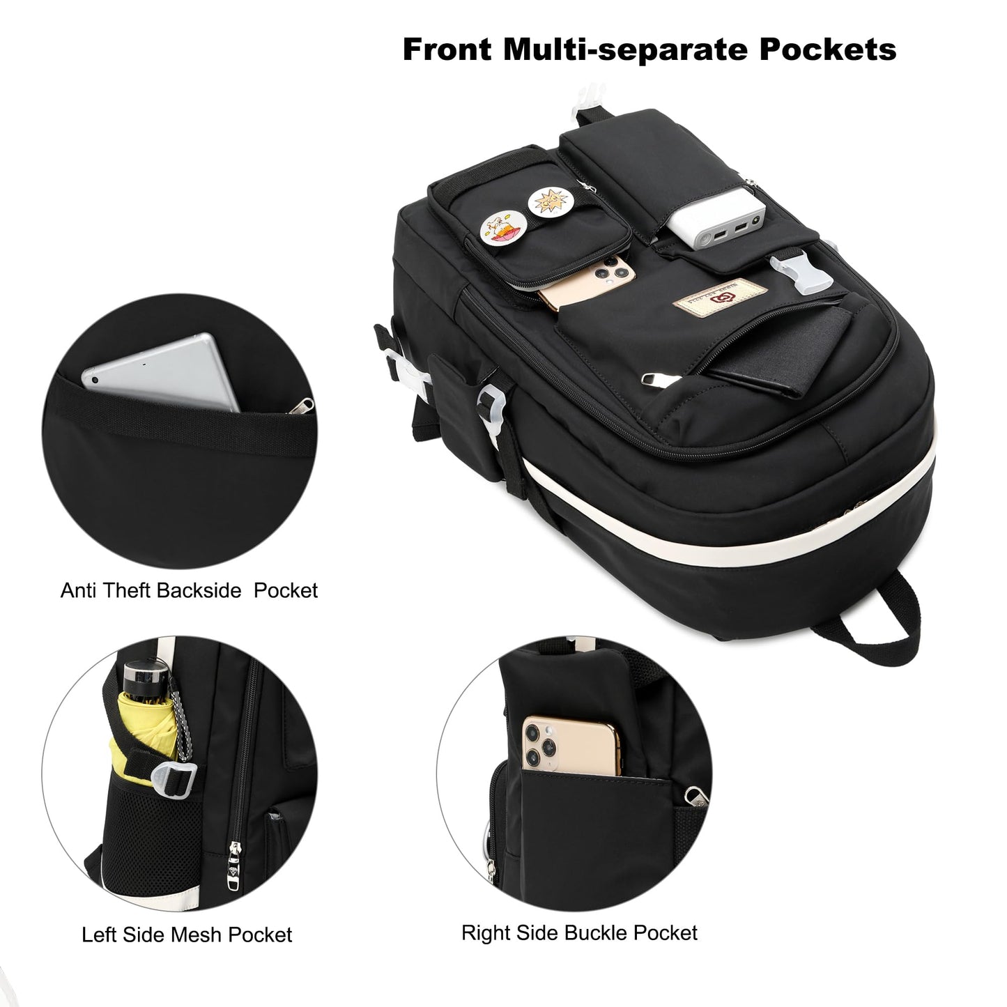Laptop Backpacks 15.6 Inch College Backpack Elementary Middle High School Bag Large Cute Bookbags Anti Theft Travel Back Pack Casual Daypack Kids Book Bag for Teens Girls Women Students (Black)