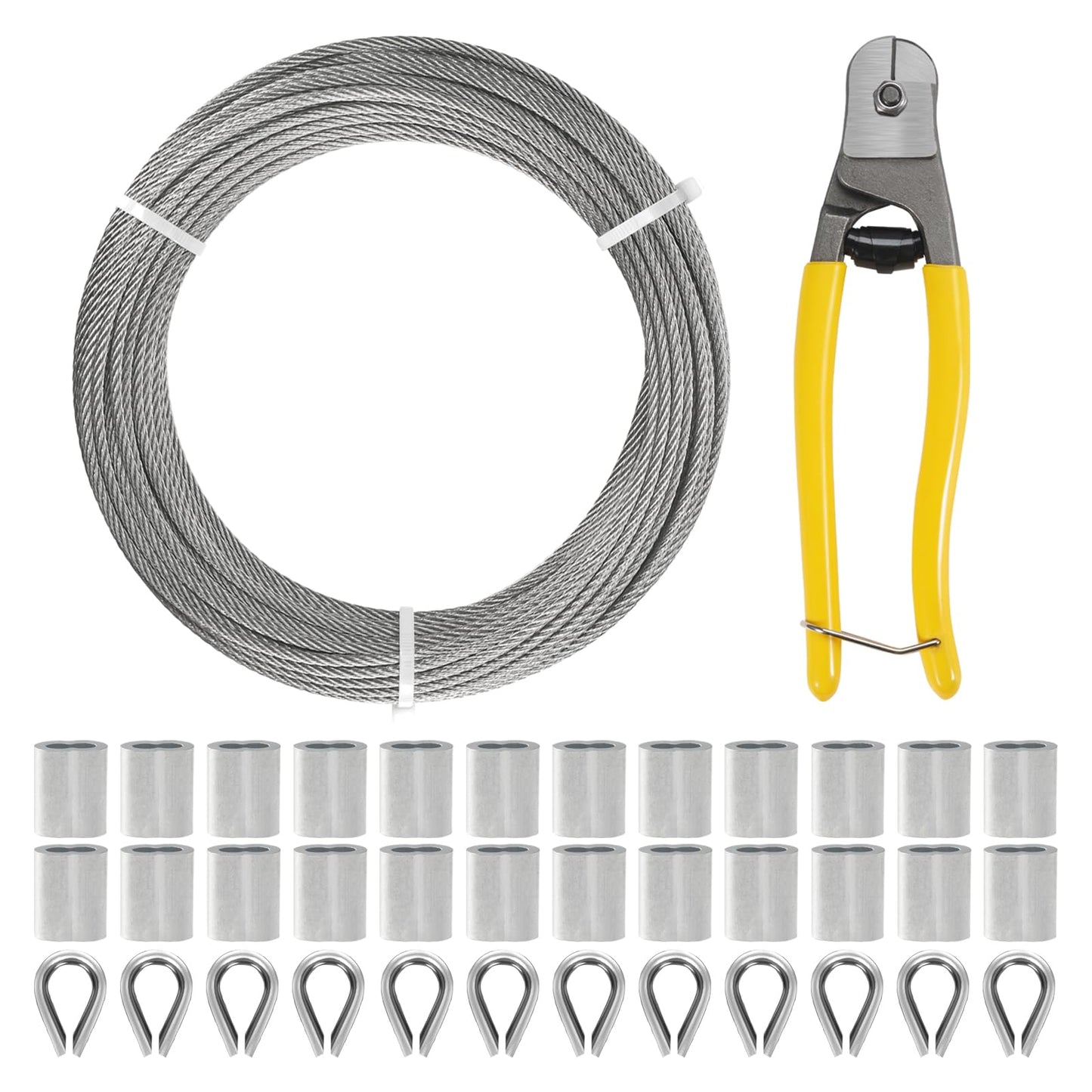 KALLSDY 1/8 Inch Stainless Steel Cable Kit 200FT, 7 x 7 Strands Wire Rope with Aluminium Sleeves & Thimbles for Deck Railing, String Light Hanging, Shade Sail, Garden and DIY Projects