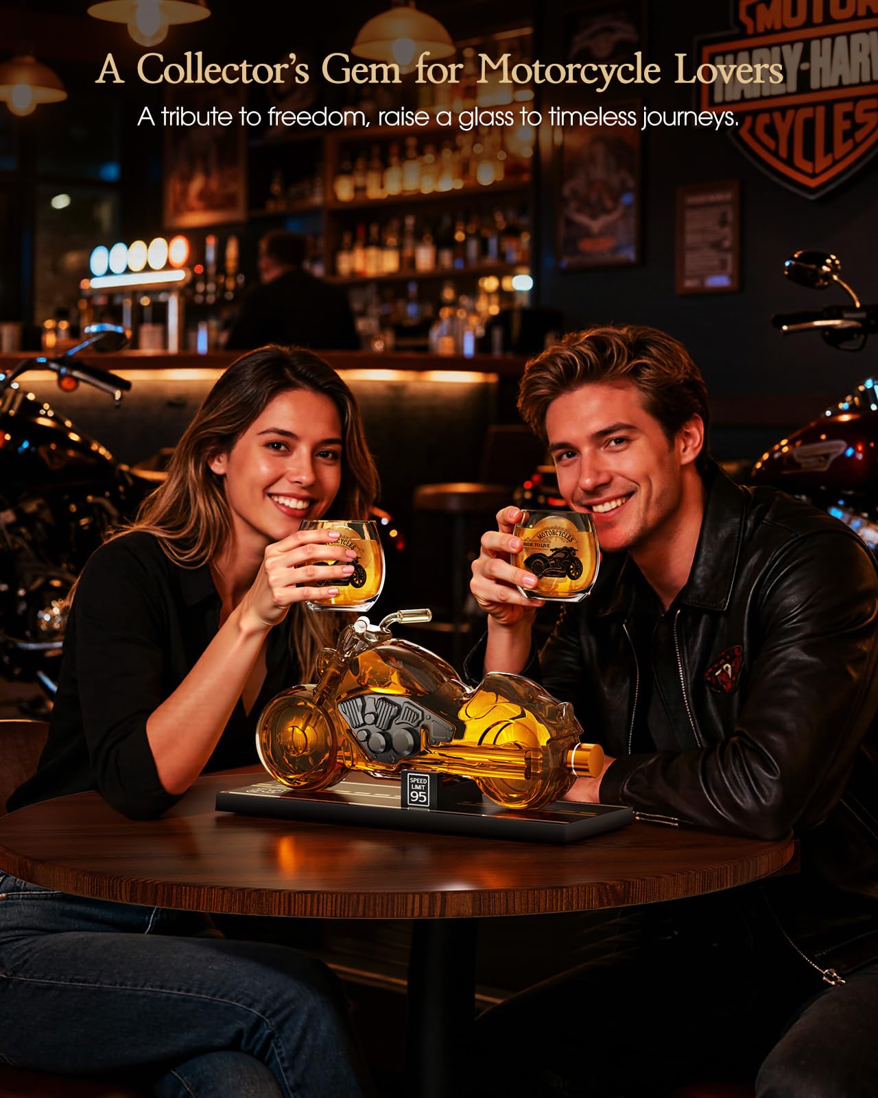 Kollea Birthday Gifts for Men Dad, Motorcycle Whiskey Decanter Set with 2 Glasses, Liquor Dispenser for Home Bar, Unique Gift for Him, Father, Boyfriend, Anniversary, Biker & Motor Lover, Christmas