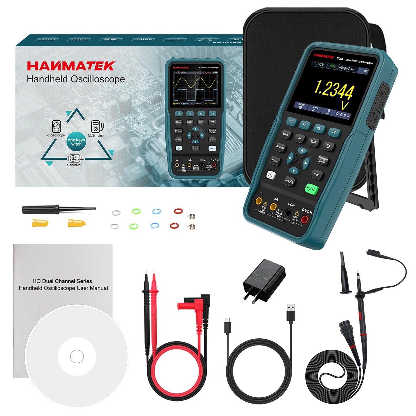 HANMATEK 3 in 1 Handheld Oscilloscope Multimeter,Waveform Generator HO51 with 3.5" TFT Oscilloscop, Auto-Calibration Function, Memory Function, Multi Tester