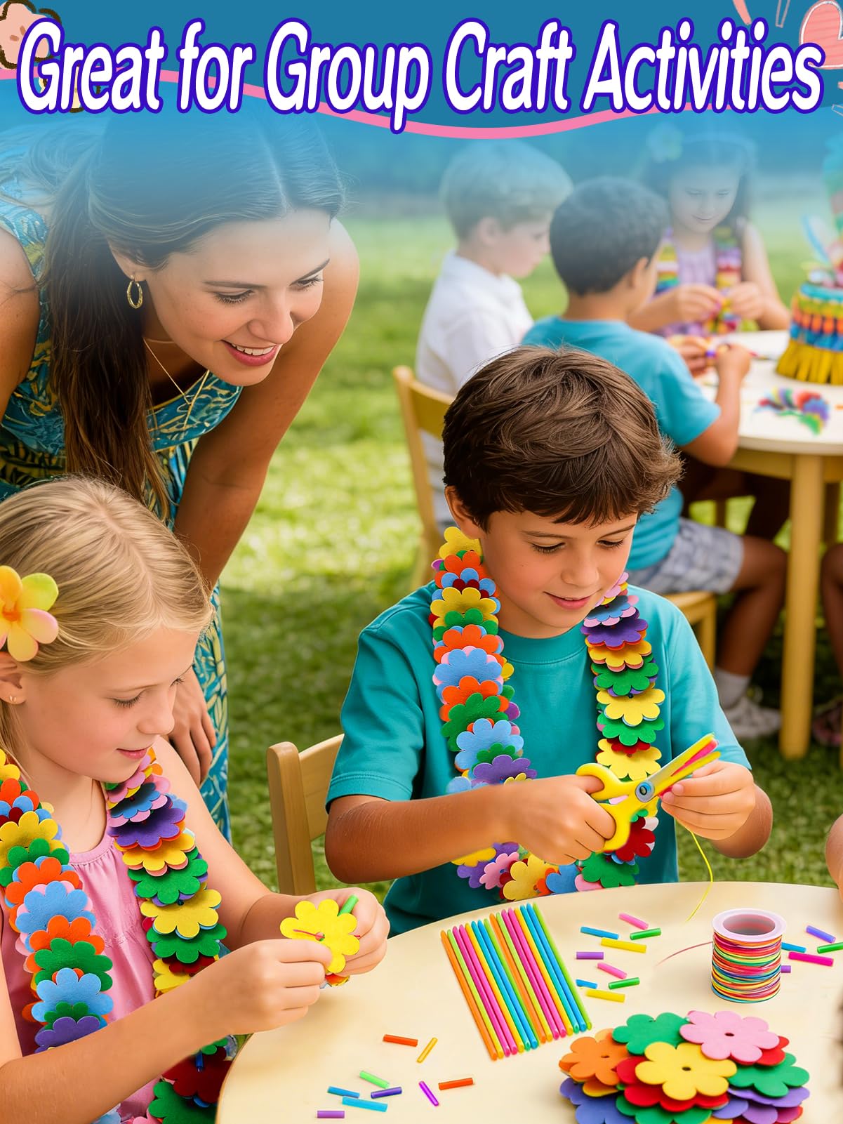 Cosweet 24 Pack Lei Bulk Making Craft Kit - Makes Felt Flower Necklace Garland, DIY Summer Crafts for Luau Party