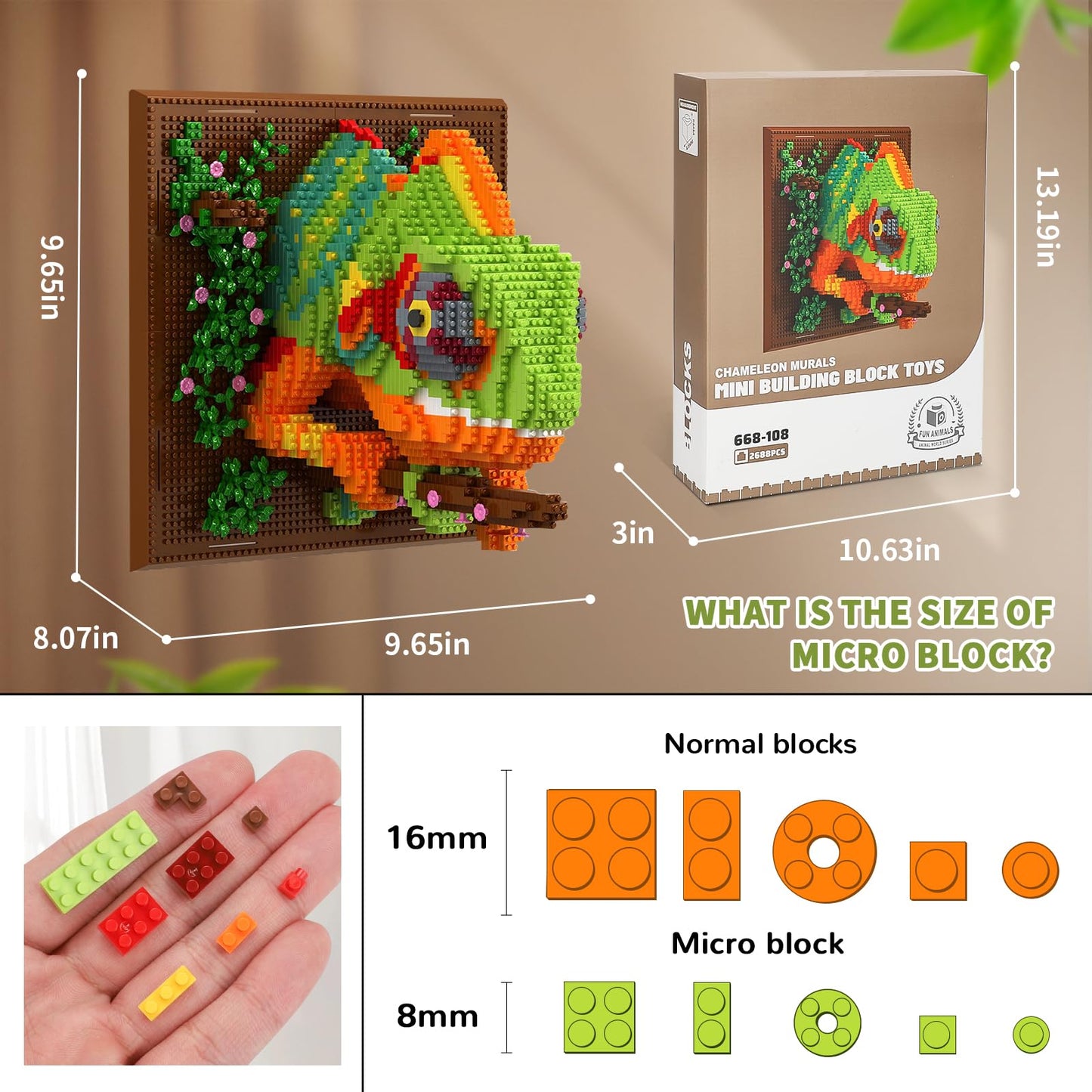 Chameleon Animal 3D Wall Art Micro Mini Building Blocks Set for Adults, Unique Home Wall Decor or Table Display, No Compatible with Lego, Ideal Birthday Christmas Toy Gift for Teens (2688 PCS)
