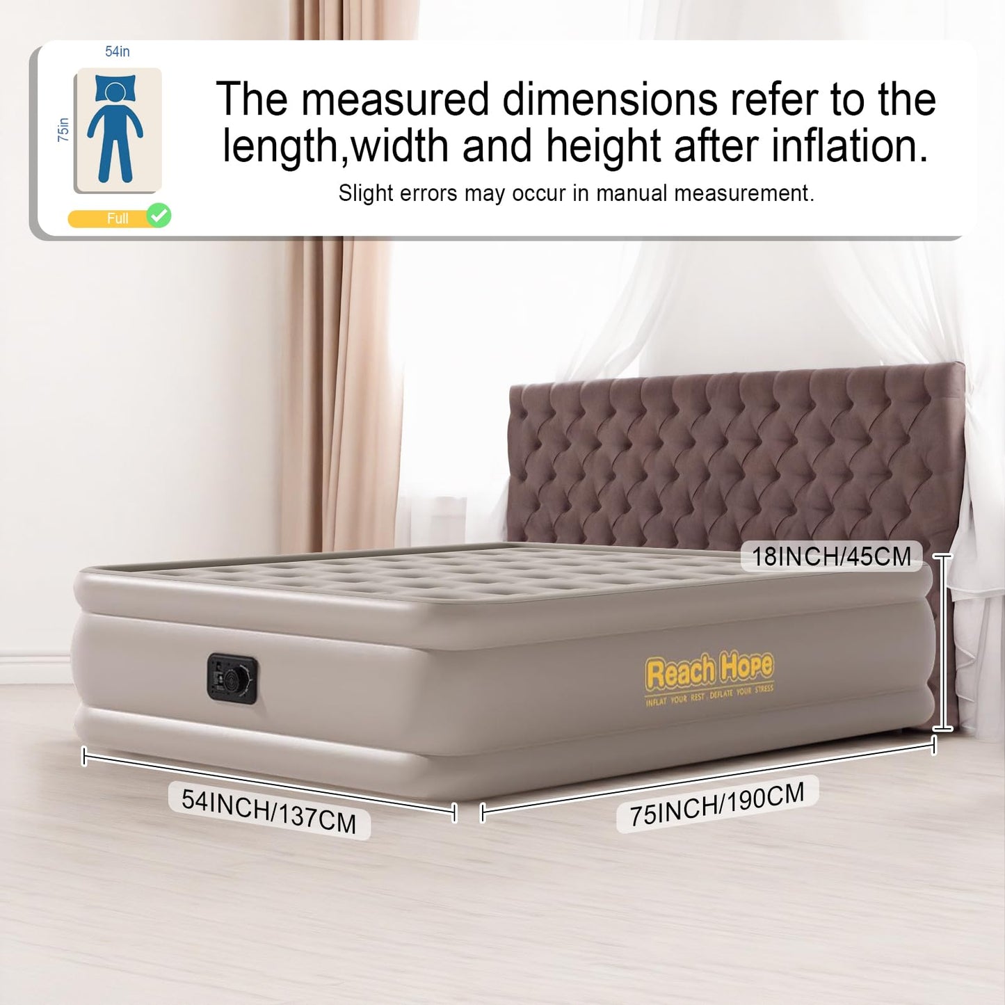 REACH HOPE Air Mattress with Built in Pump Full, Plug-in Electric Pump Self-Inflatable Air Bed, Blow Up Travel Bed, Comfortable Airbed for Rental Home, Camping and Guests.(18" Height Full, Khaki)