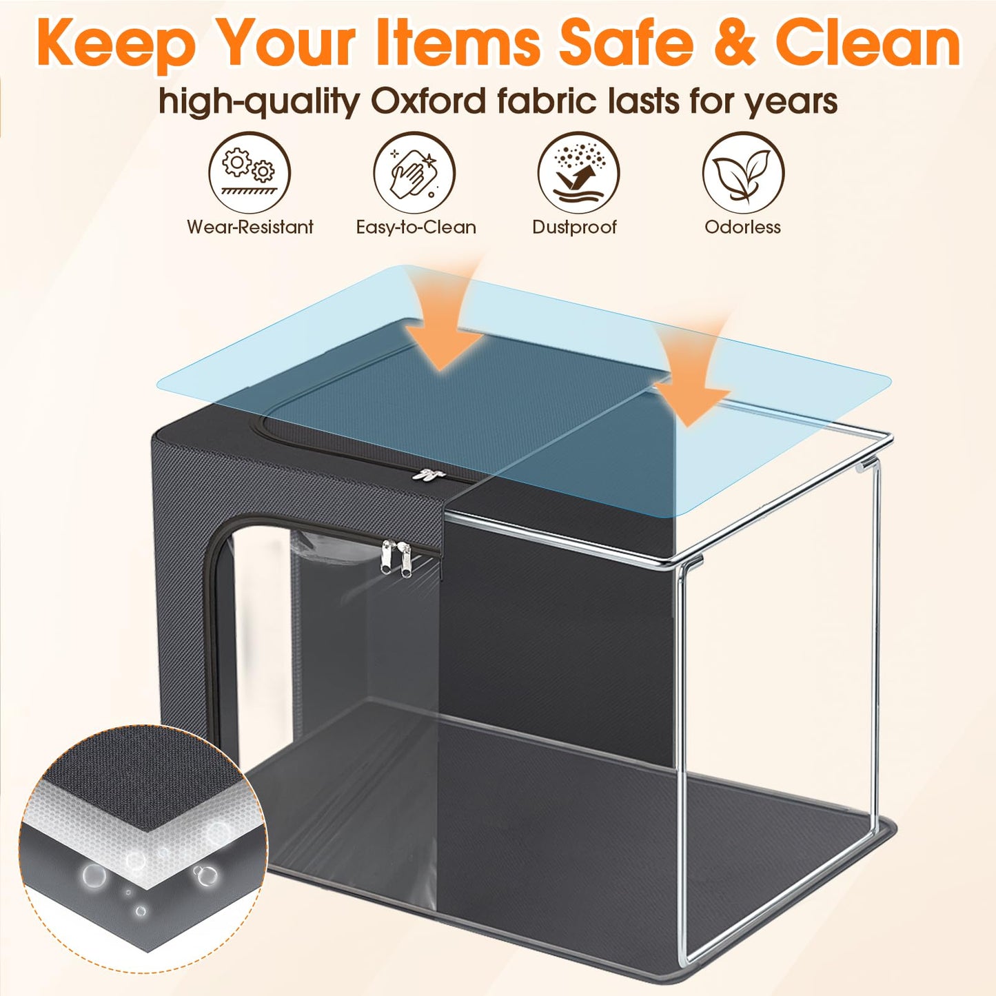 EpicTotes 6 Pack Clothes Storage Bins with Metal Frame,40L Storage Bags Fabric Box Organizer with Clear Window,Zippers,Sturdy Handles(6 Pcs,Light Grey,40L)
