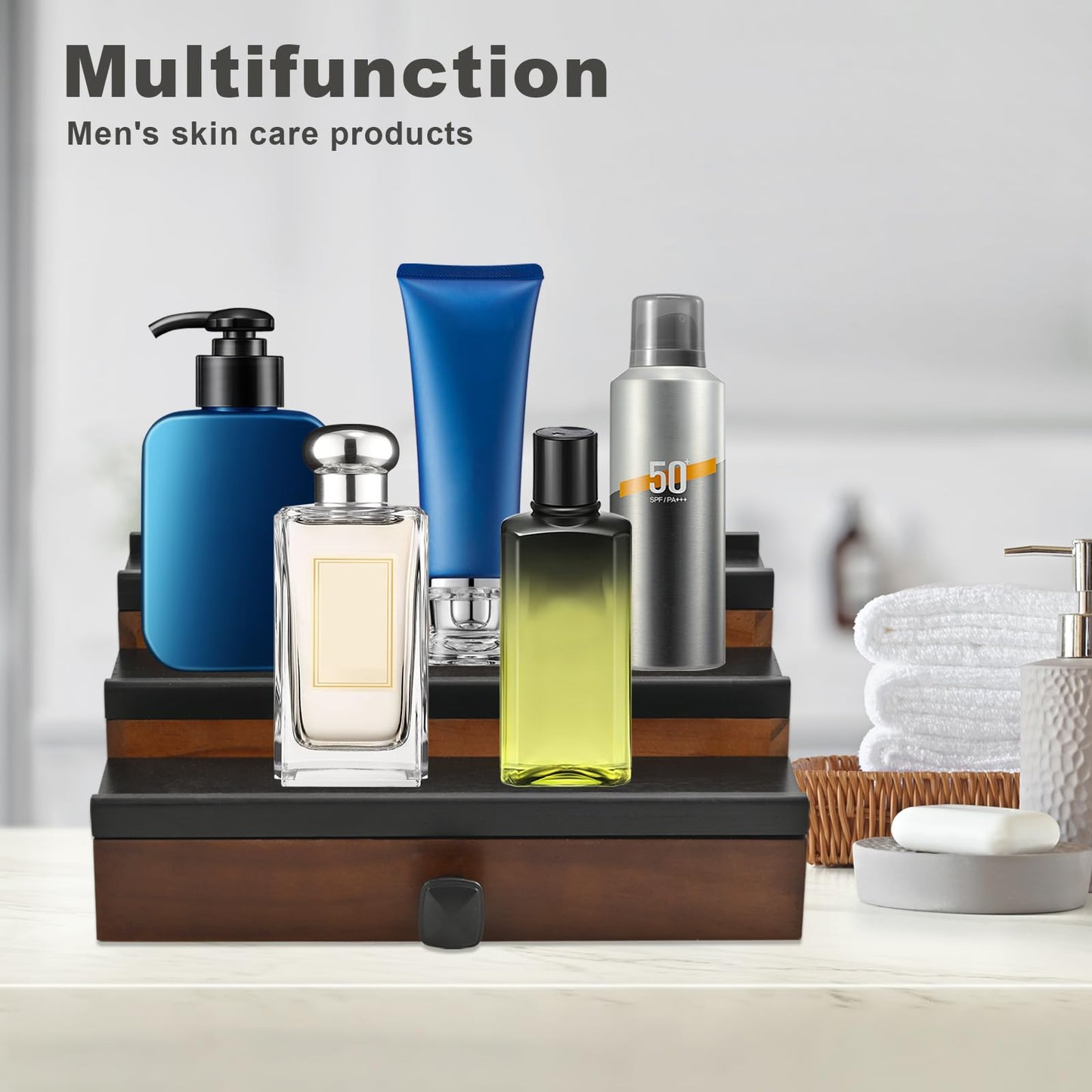 TIRYIUOU Cologne Organizer for Men, 3 Tier Wooden Cologne Stand for Men, Perfume Organizer Display, Cologne Shelf with Drawer and Hidden Compartment, Gift for Men