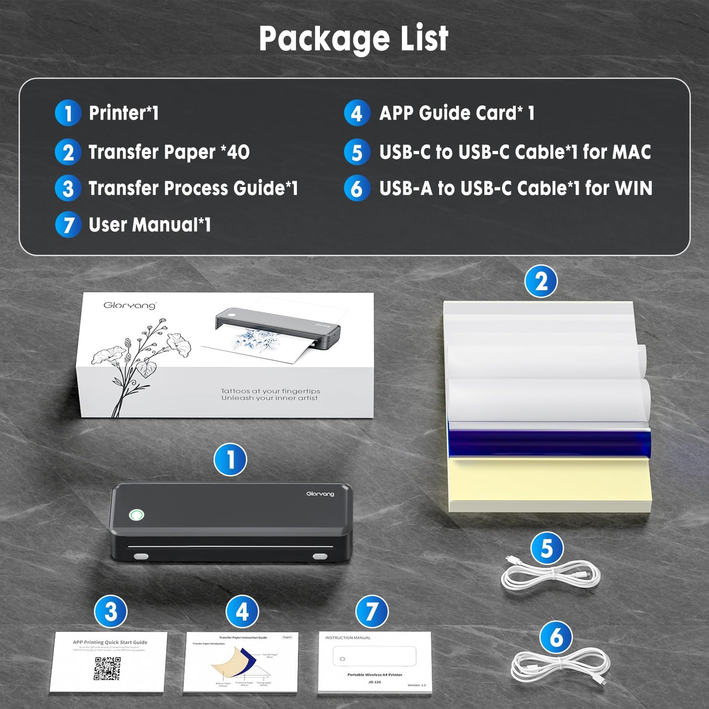 Gloryang Wireless Tattoo Transfer Stencil Printer, Portable Thermal Tattoo Machine for Tattoo Beginners with 40pcs Stencil Paper, Compatible with Smartphone & PC, Rechargeable & Inkless, Black