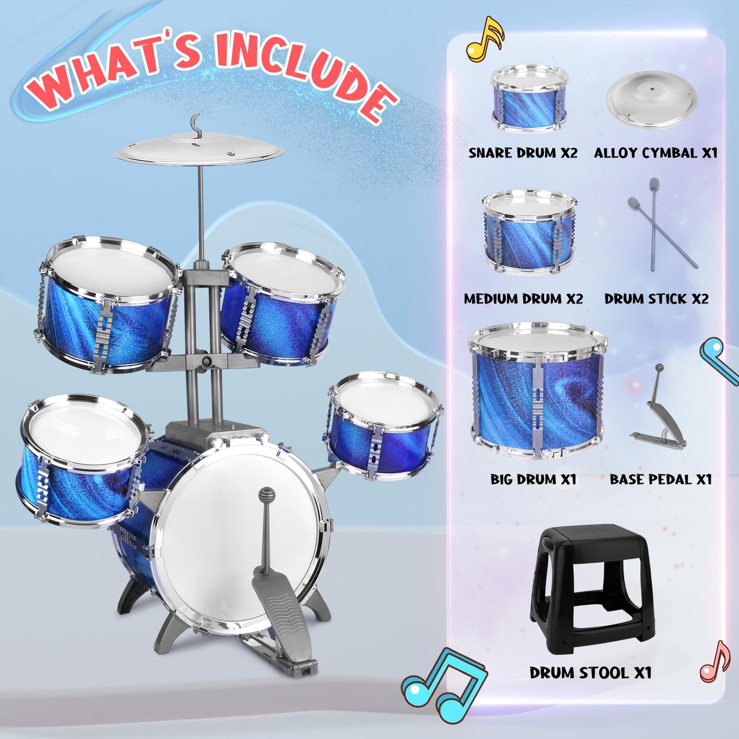 Kids Drum Set for Toddlers 1-3 Musical Jazz Drum with Stool Toys for 2-5 4-6 5-7 Boys Girls Birthday, Blue