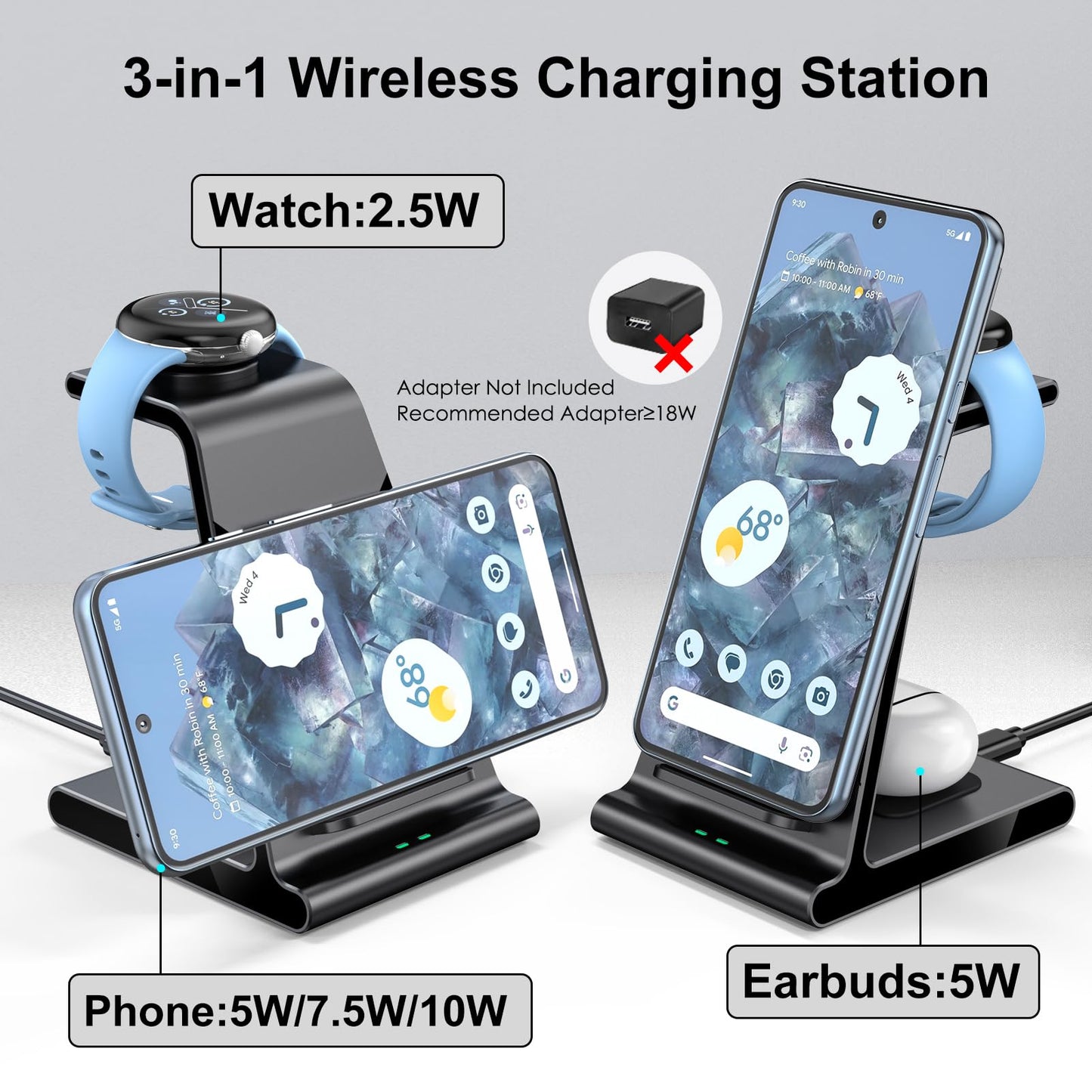 Charger for Pixel Watch 2/3, Fitbit Versa 4/Sense 2 (Not for Pixel Watch 1), Wireless Charging Station for Google Pixel 9/9 Pro/9 Pro XL/8 Pro/8/8A/7 Pro/7/6/6 Pro, Pixel Buds Pro 2/Pro (No Adapter)