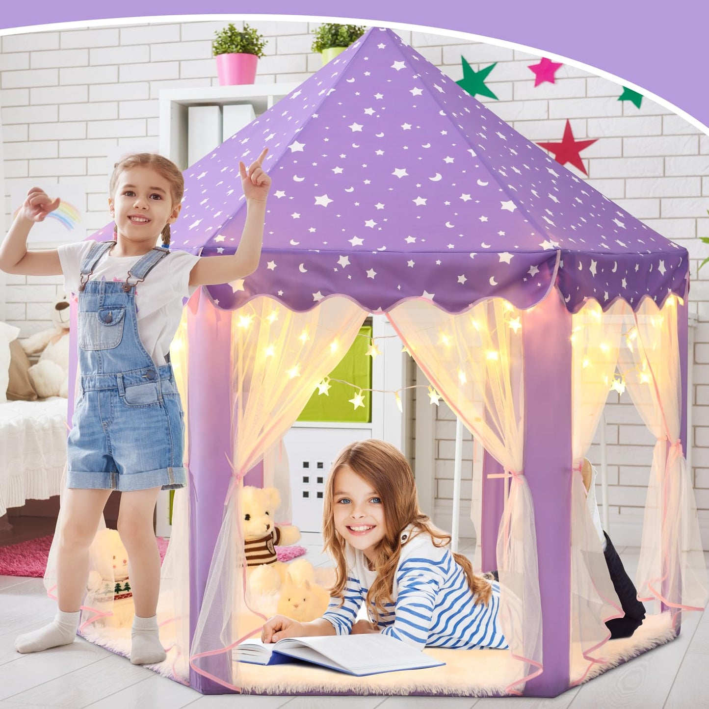 KIXINWA Purple Princess Tent for Girls, Kids Play Tent with LED Small Star Lights, Castle Playhouse Tent for Children Toddlers Indoor Outdoor Games, 55×53 Inches