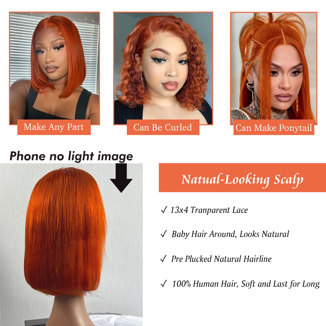 RQY Ginger Bob Wig Human Hair 8inch 13X4 Ginger Lace Front Bob Human Hair Wigs 180% Density Straight Ginger Orange Bob Lace Front Human Hair Wigs Pre Plucked Natural Hairline With Baby Hair