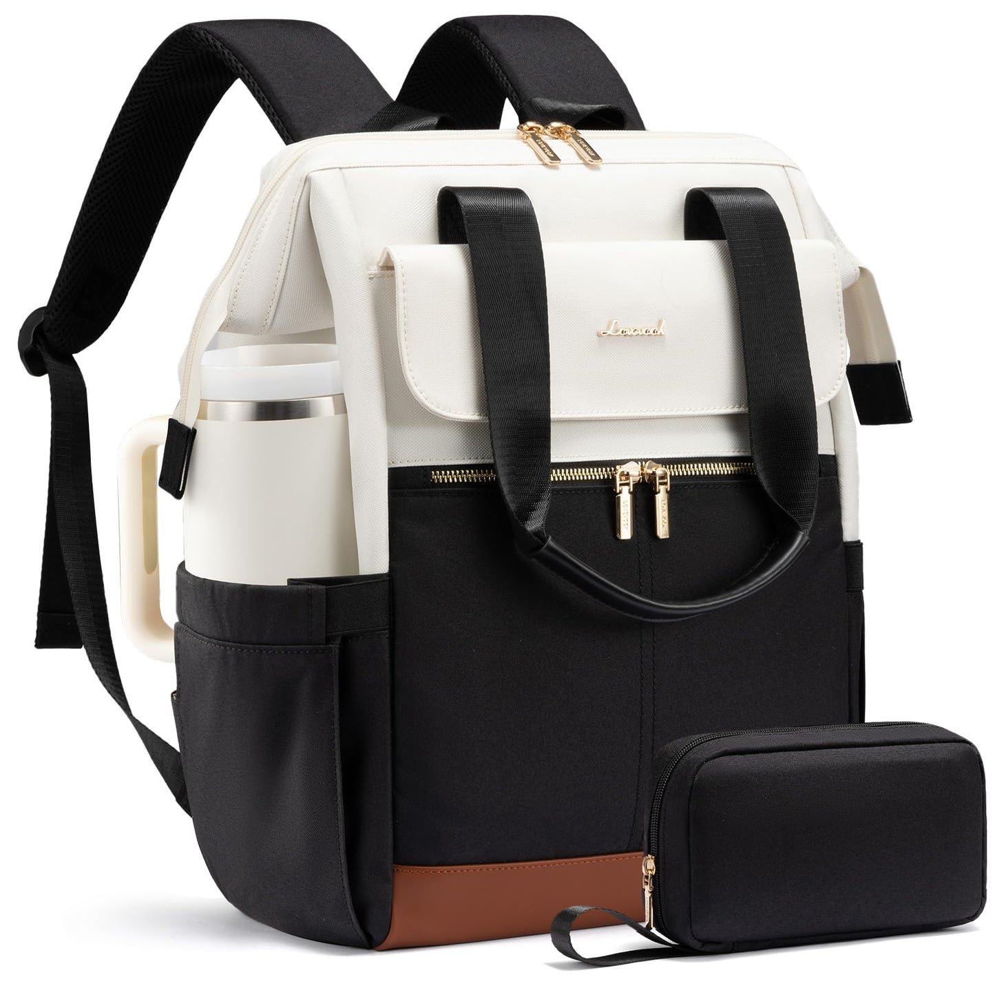LOVEVOOK Laptop Backpack for Women, 15.6 Inch Work Laptop Bag with USB Port, Fashion Teacher Nurse Backpack Purse, Waterproof Travel Computer Backpack with Organizer Bag, 2PCS, Beige-Black