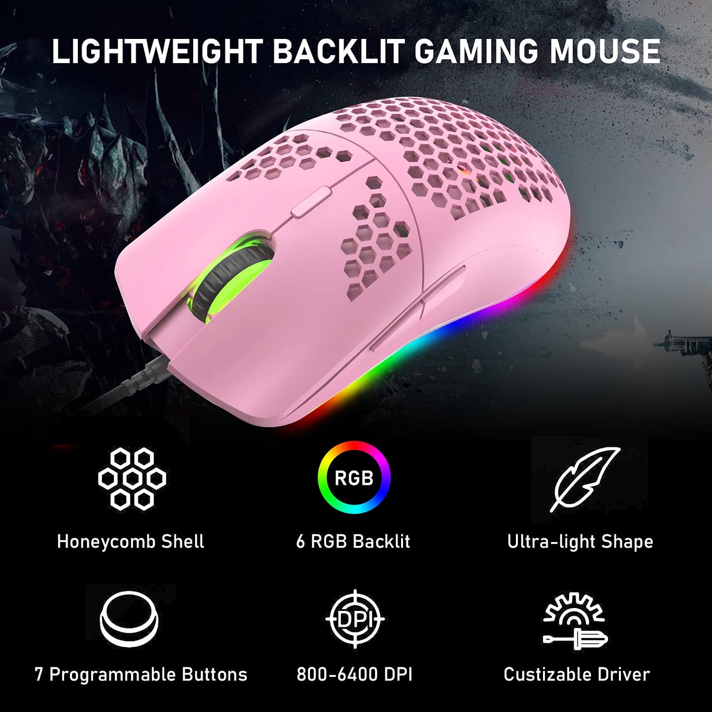 ZIYOU LANG Pink Gaming Keyboard and Mouse Combo,Rainbow LED Backlit Mechanical Keyboard,6400 DPI RGB Ultralight Gaming Mouse,Pink Mouse Bungee,for Game and Office