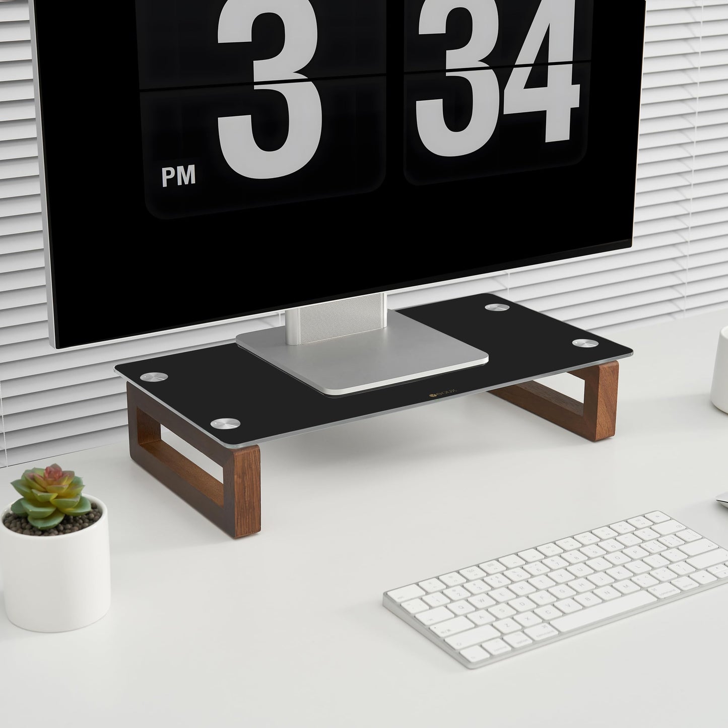 YEOUX Black Glass Computer Monitor Stand Riser with Wooden Base for Flat Screen LCD, LED TV, Laptop, Printer, Multi Media Desktop Stand, Office Supplies Desk Organization