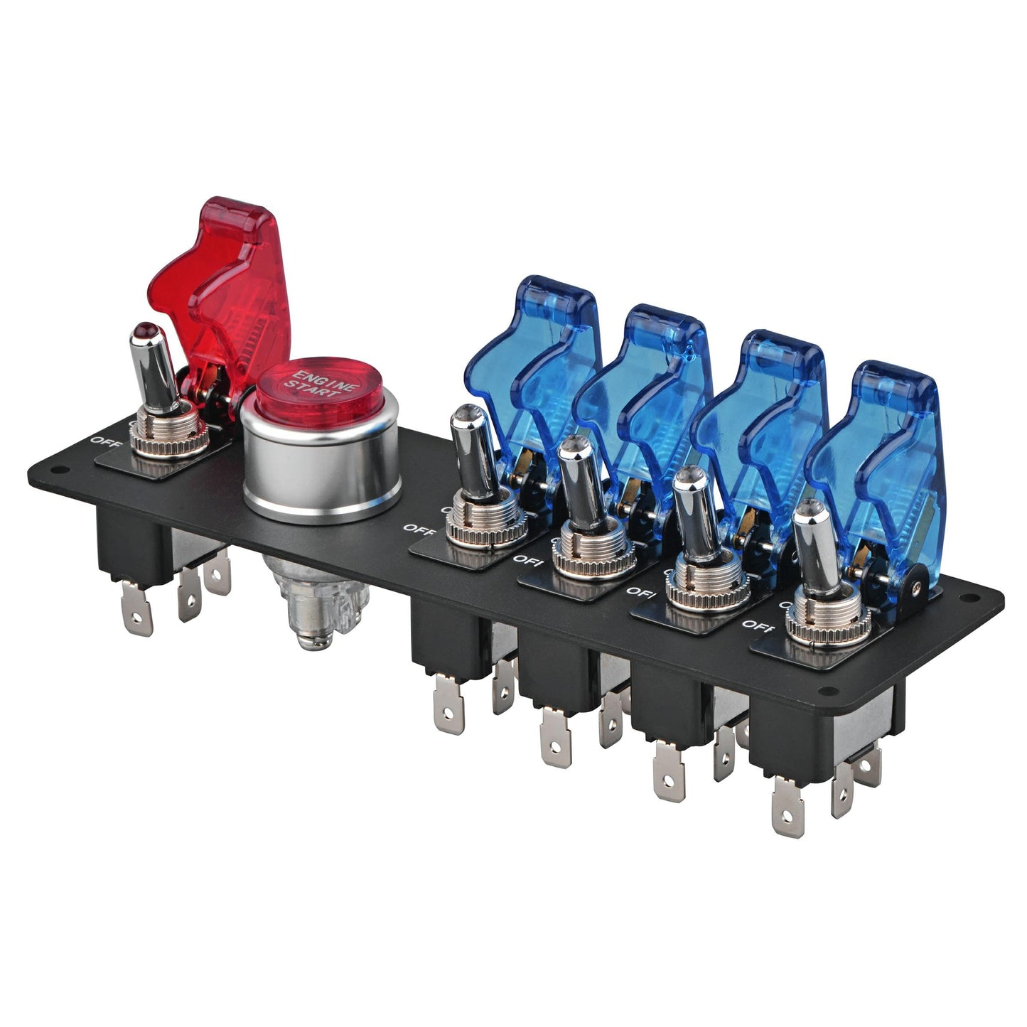 Jtron dc12v flip-up Ignition Switch Panel,5 in 1 car Engine Start Push Button led Toggle Switch Panel for Racing Sport Competitive car (4 Blue 1 Red)