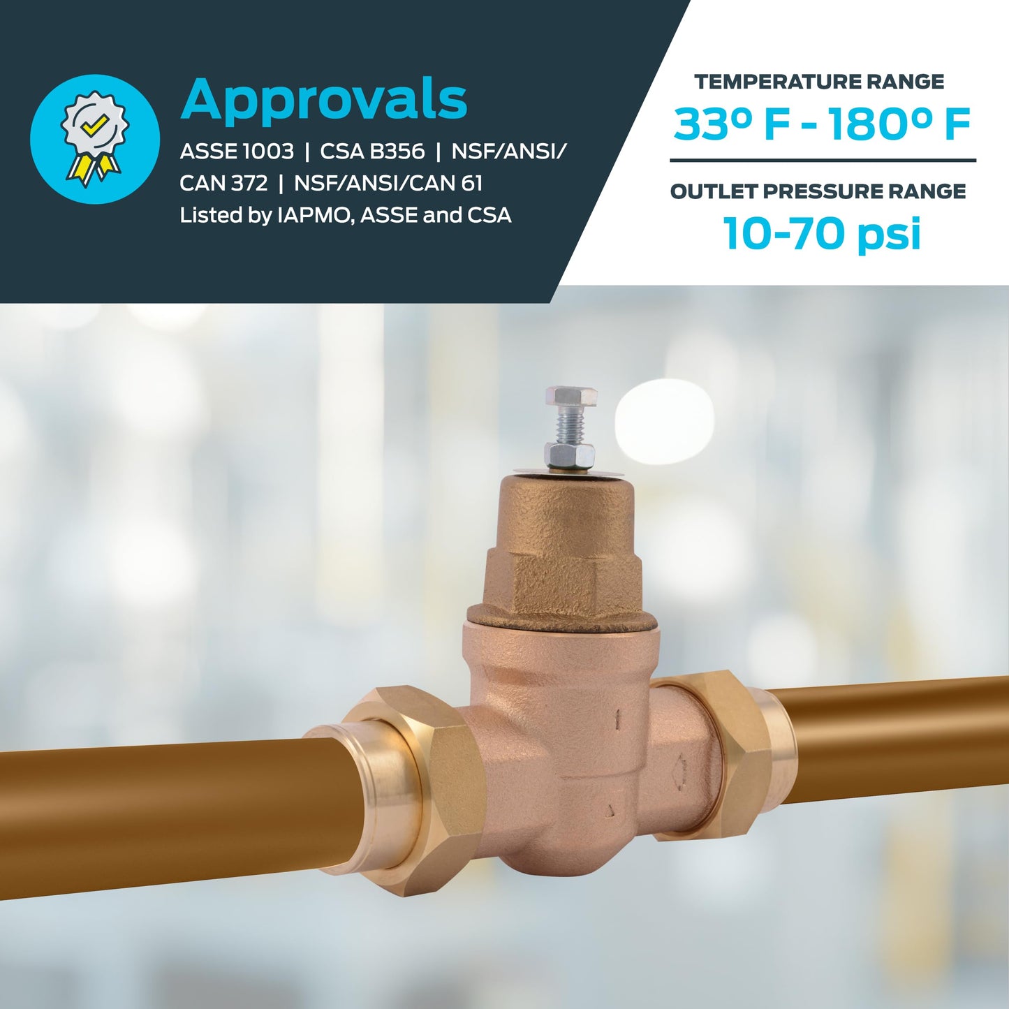 Cash Acme EB45 Pressure Regulating Valve, Double Union, 1 Inch NPT Female, Brass Top, 45 PSI, 23156-0045